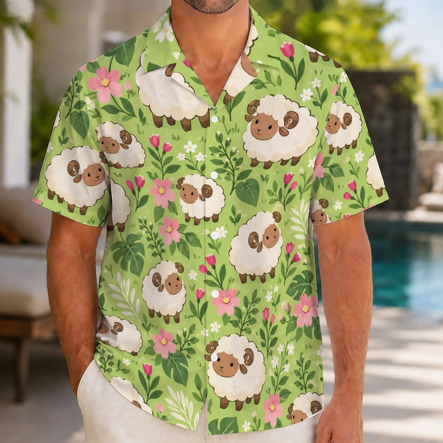 Fluffy Sheep And Pink Meadow Blooms For Sunny Getaways And Everyday Whimsy Hawaiian Shirt - 1
