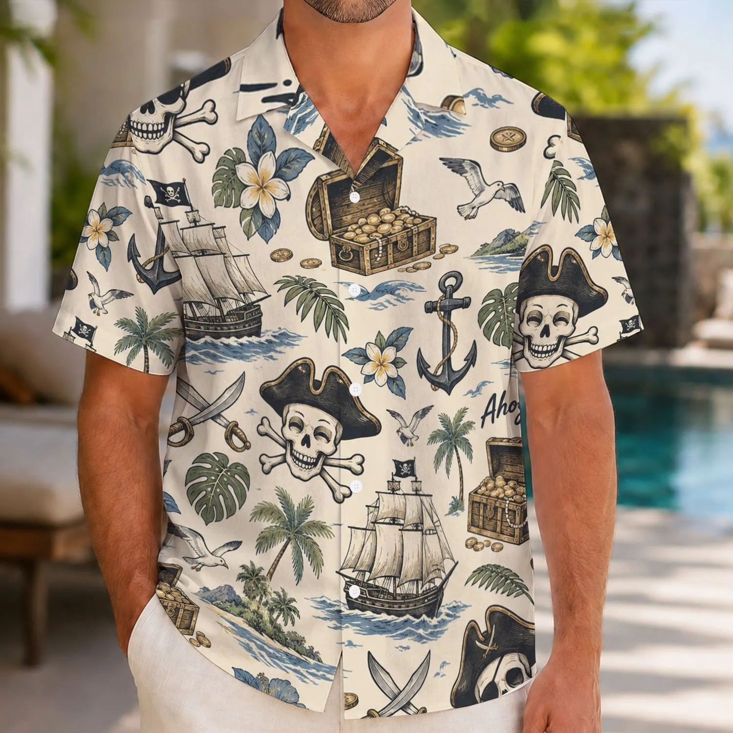 Pirate Ships, Skull-and-Crossbones and Treasure for Caribbean Vacation Adventures at Sea Hawaiian Shirt - 1