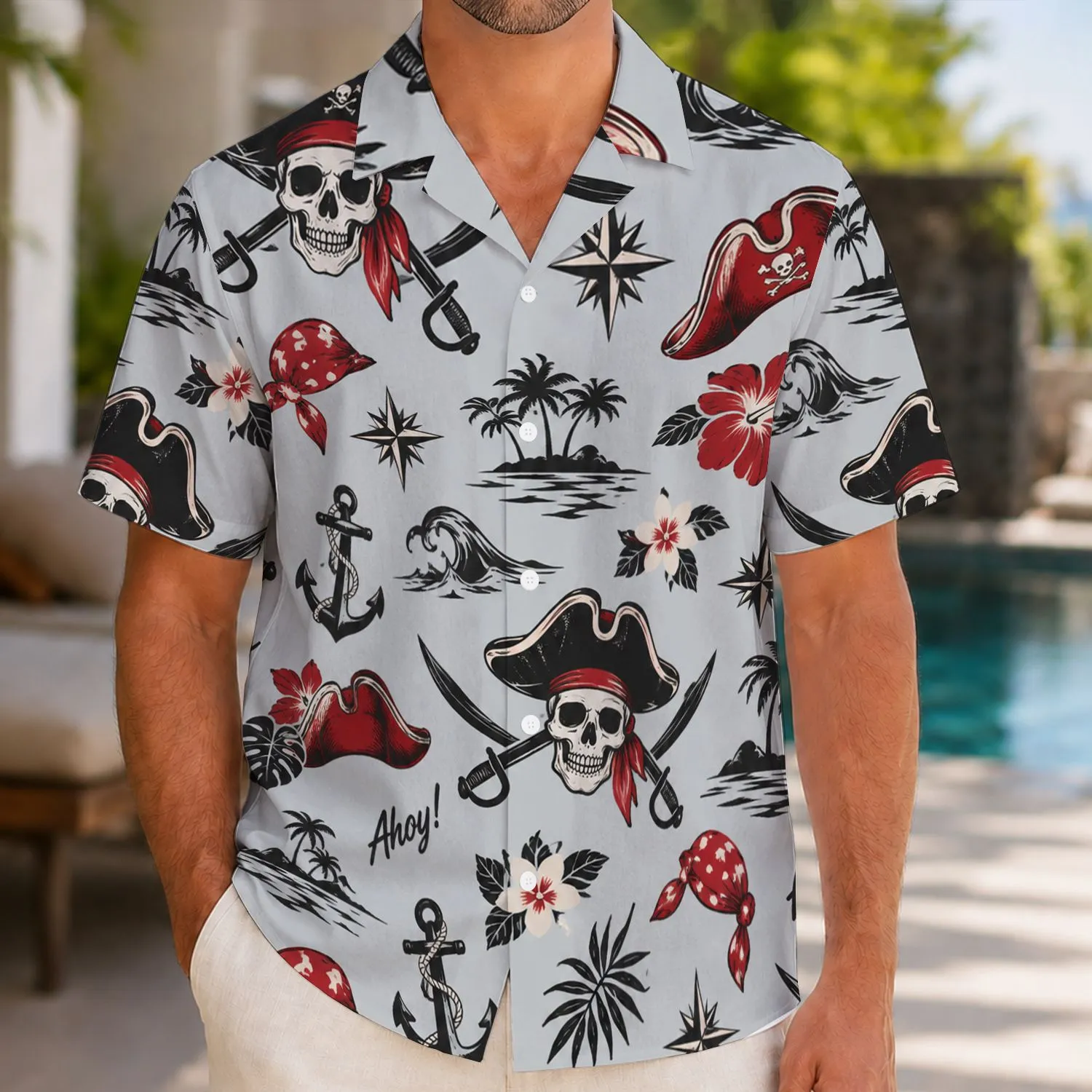 Pirate Skull and Cutlass Motifs for Tropical Cruise Nights and Island Getaway Fun Hawaiian Shirt - 1