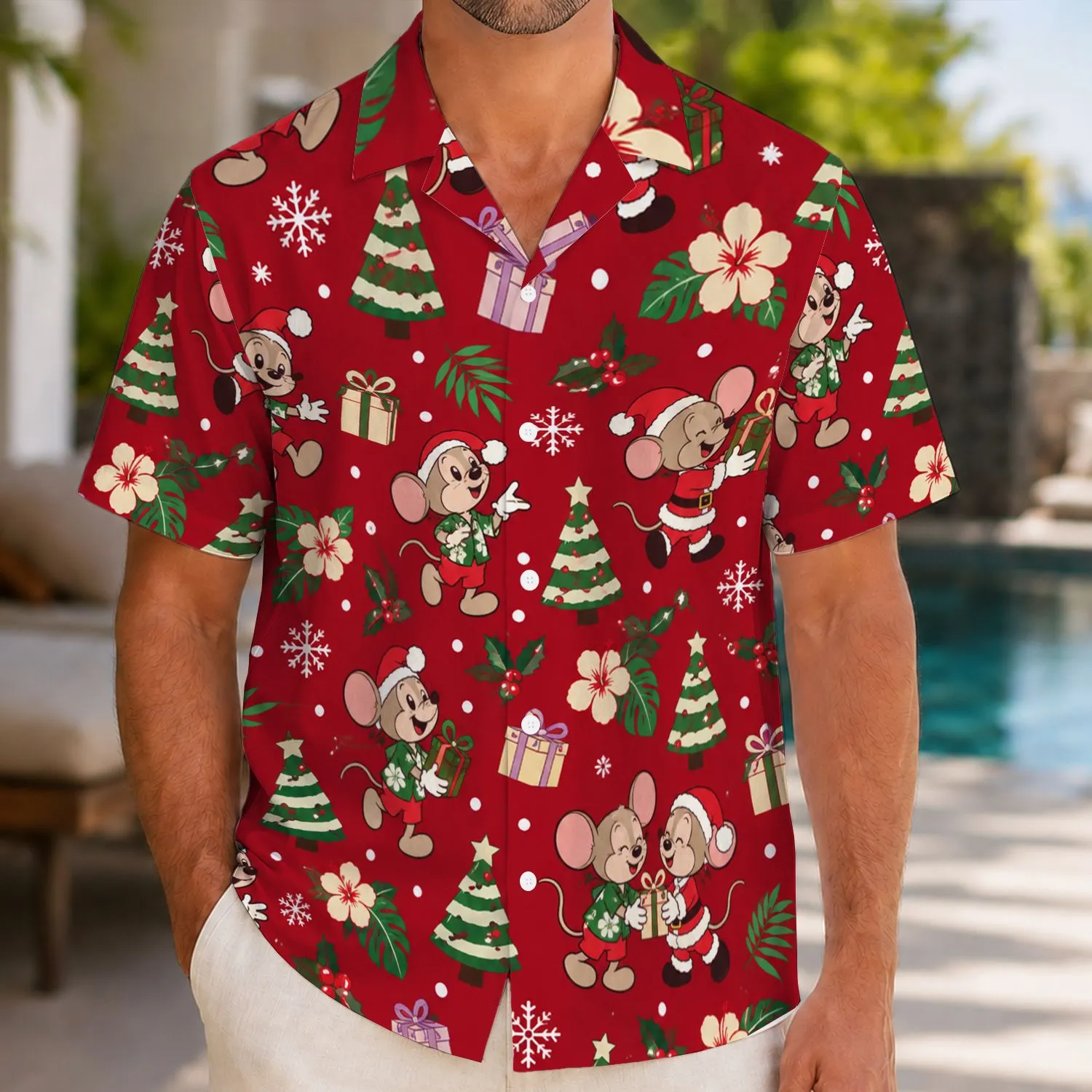 Festive Mouse Characters and Christmas Trees for Holiday Vacation Celebrations Hawaiian Shirt - 1