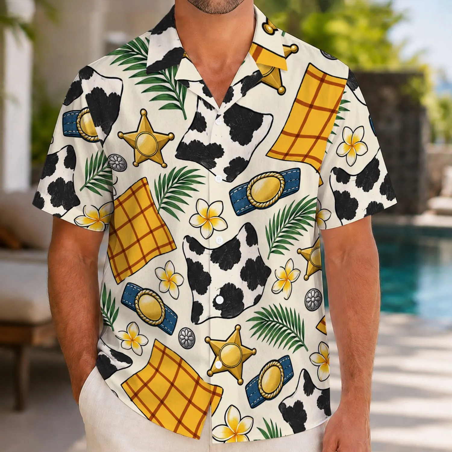 Yellow Plaid Cowboy Star and Blue Denim Buckle for Western Beach Days and Summer Fun Hawaiian Shirt - 1