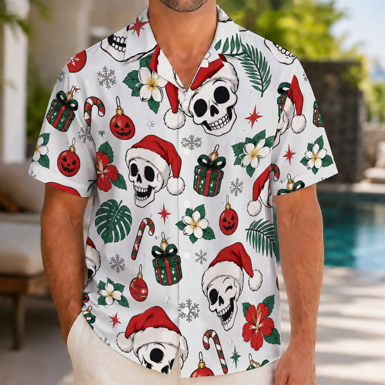 Spooky Christmas Skulls for Festive Holiday Beach Days and Winter Getaways Hawaiian Shirt - 1