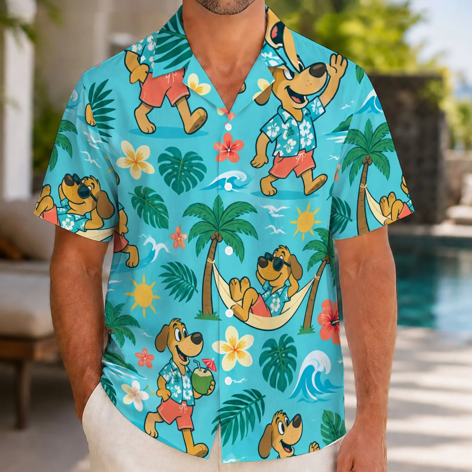 Cheerful Vacation Dog and Tropical Icons for Sunny Beach Getaways and Cartoon Fans Hawaiian Shirt - 1