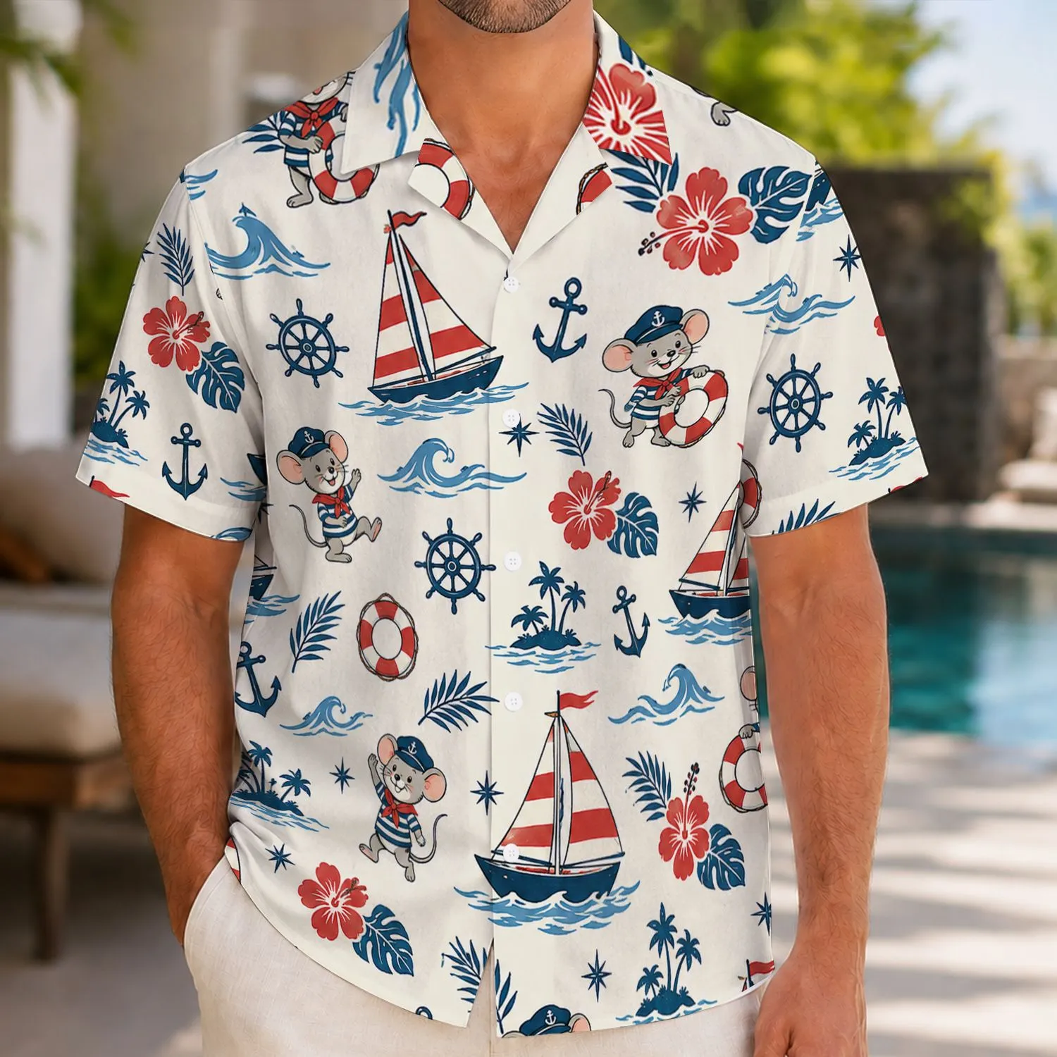 Nautical Sailboats, Anchors and Sailor Mice for Sunny Coastal Getaways and Cruise Days Hawaiian Shirt - 1
