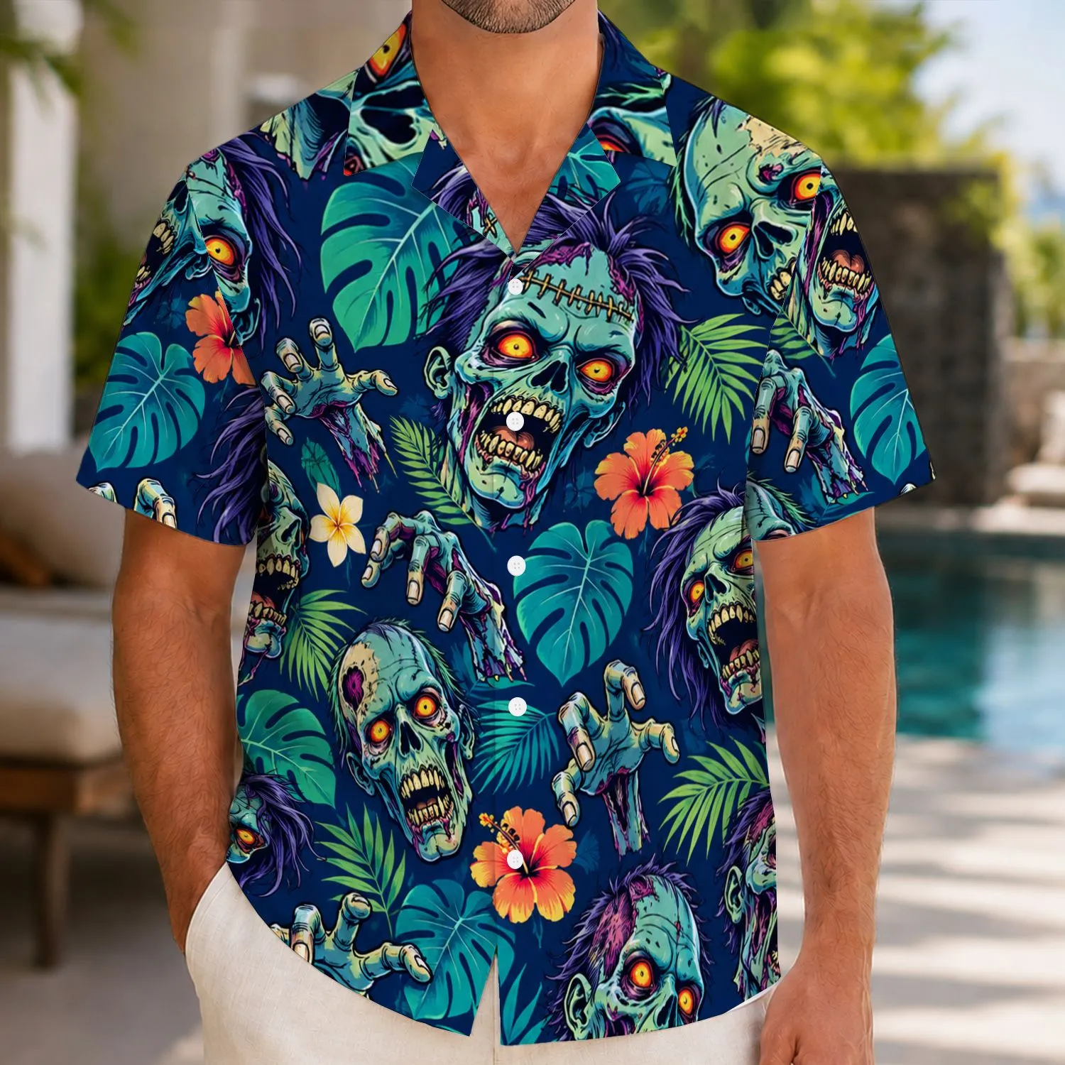 Vibrant Zombie Faces and Grasping Hands for Halloween Beach Parties and Horror Fans Hawaiian Shirt - 1