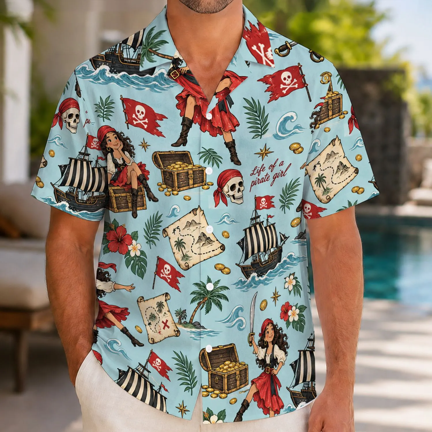 Pirate Girl Treasure And Sailing Ship Motifs For Playful Cruise Adventures Hawaiian Shirt - 1
