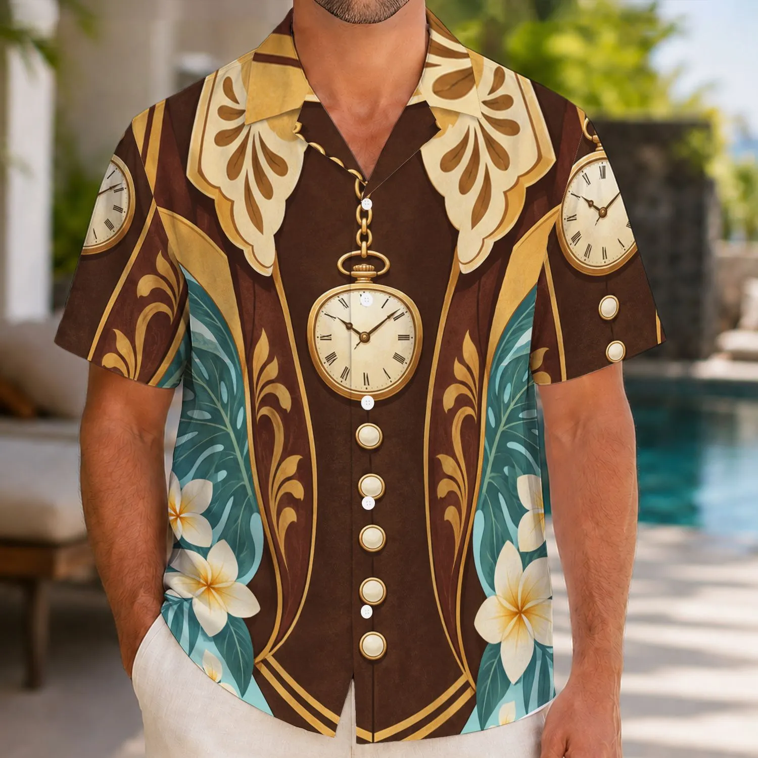 Golden Pocket Watch and Tailored Waistcoat Style for Cruise Vacations and Halloween Hawaiian Shirt - 1