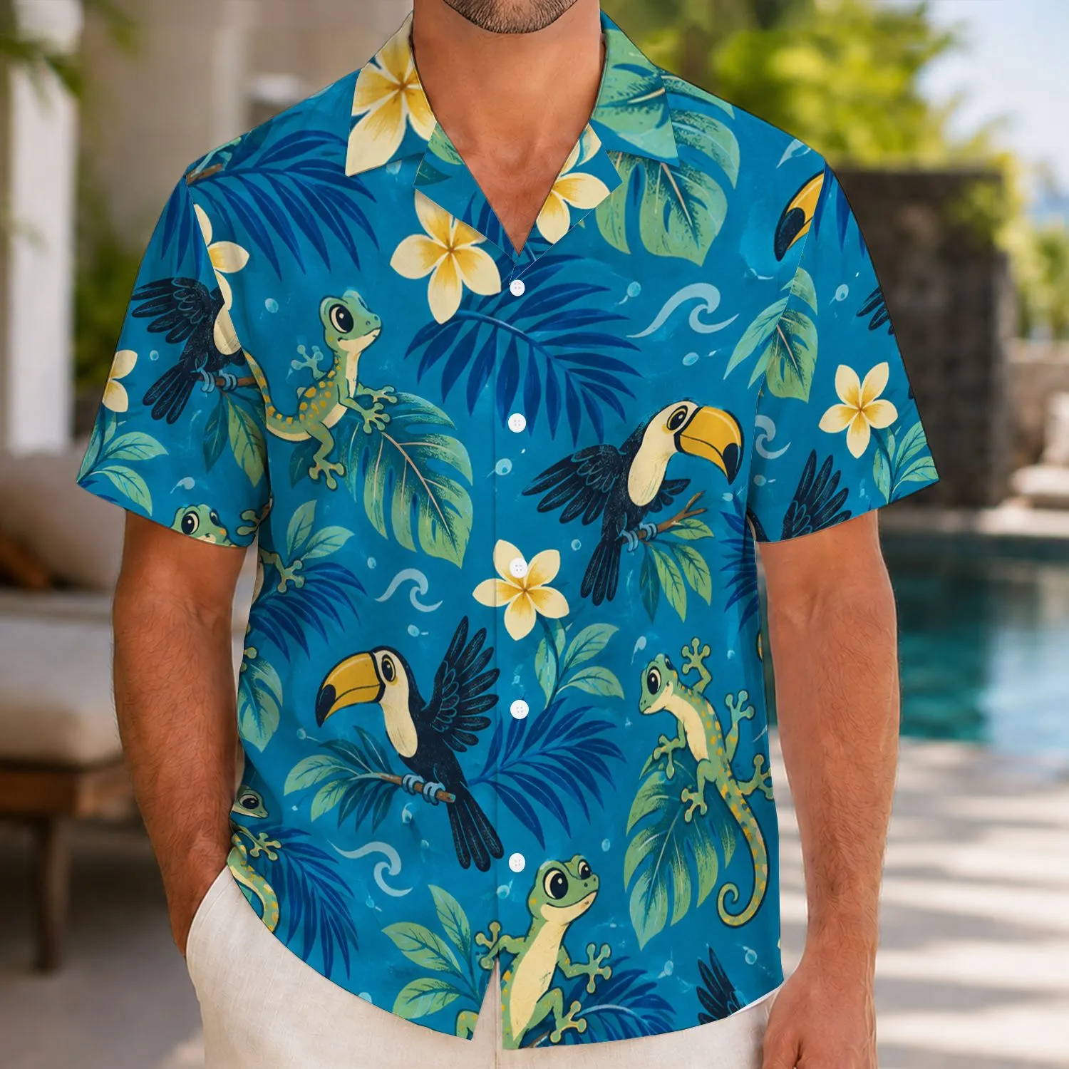Playful Island Geckos And Toucans For Sunny Coastal Getaways And Cruise Vacations Hawaiian Shirt - 1