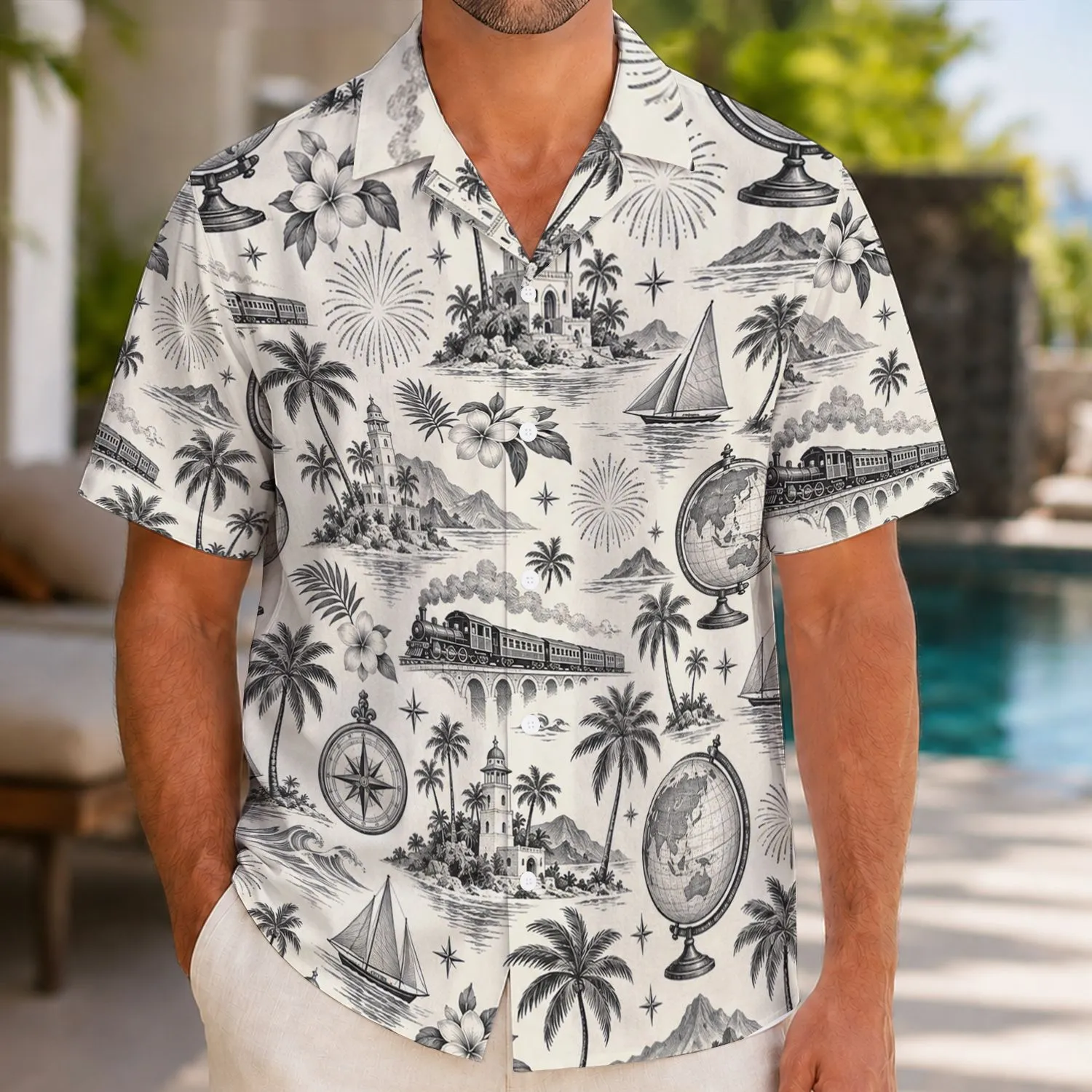 Vintage Resort Travel Icons for Sunny Island Getaways and Theme Park Vacations Hawaiian Shirt - 1