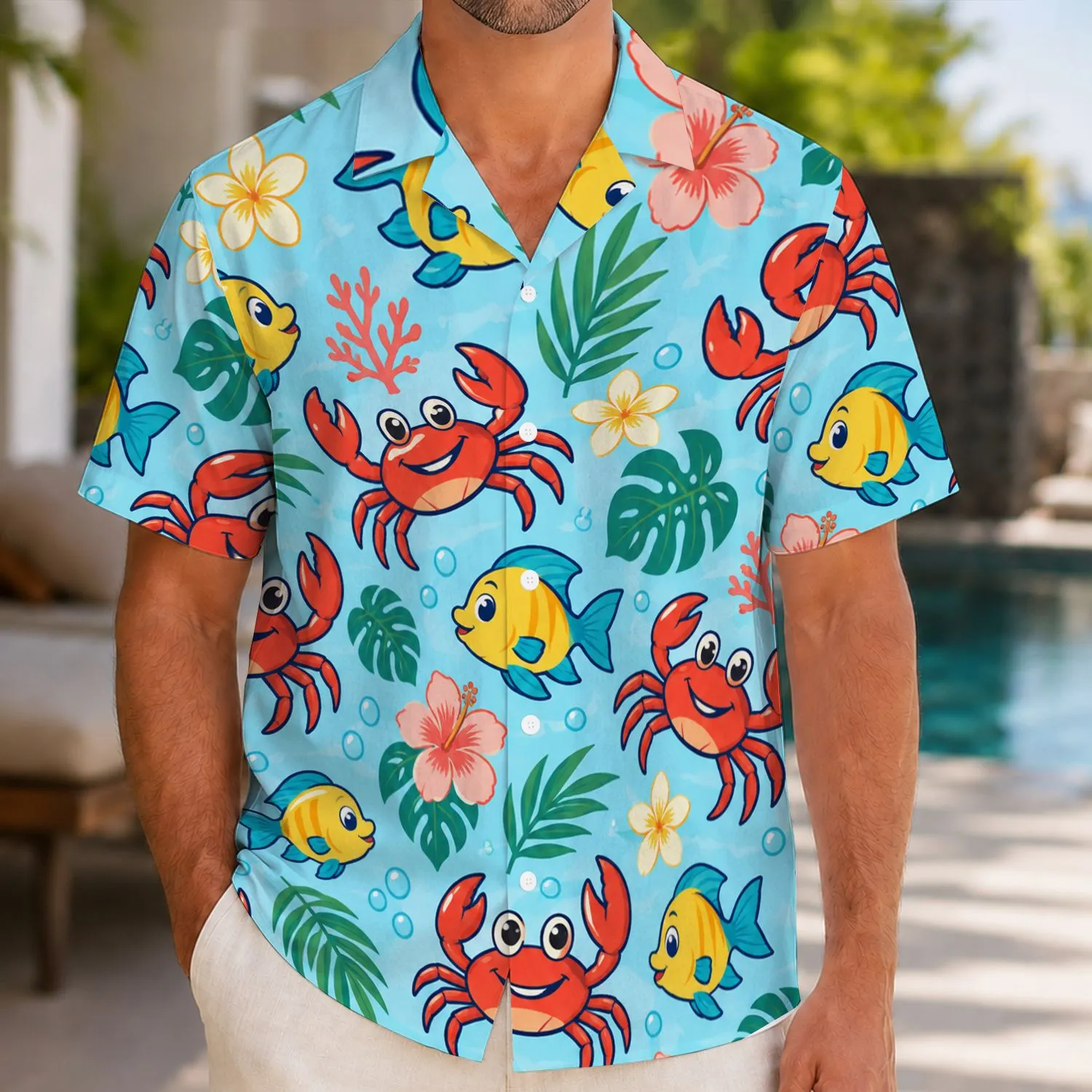 Red Crabs and Reef Fish for Playful Undersea Vacation Adventures by the Shoreline Hawaiian Shirt - 1