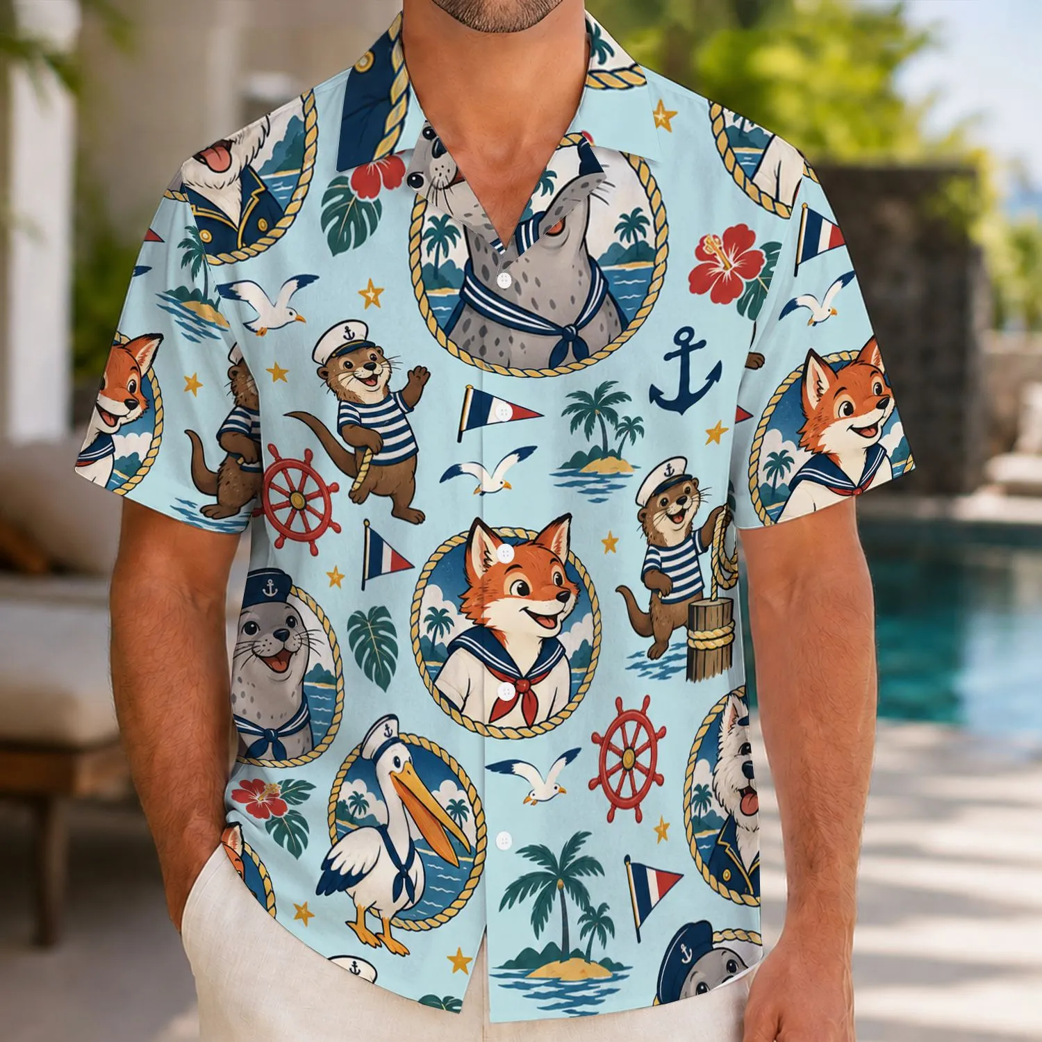 Nautical Animal Captain Medallions for Cruise Holidays and Sunny Coastal Getaways Hawaiian Shirt - 1