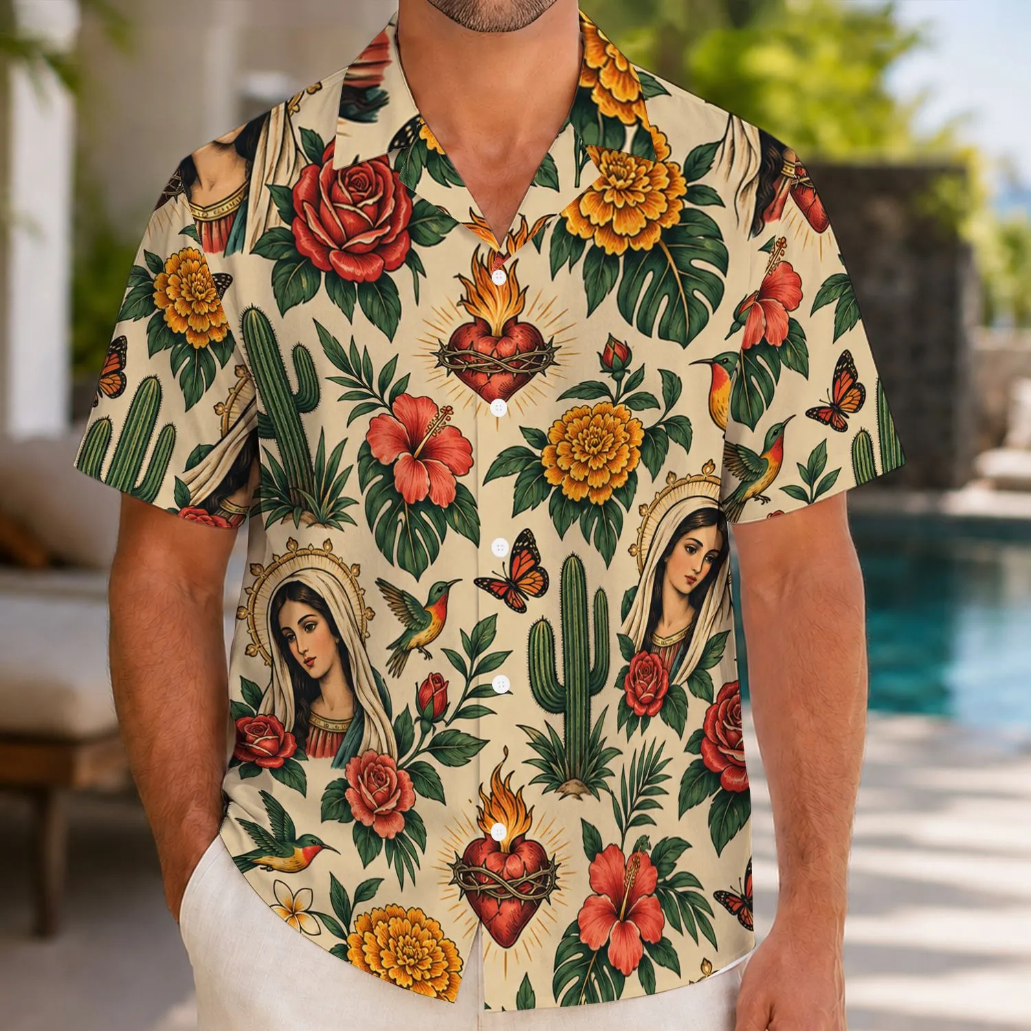 Virgin Mary Roses and Sacred Hearts for Devotional Island Escapes and Thoughtful Gifts Hawaiian Shirt - 1