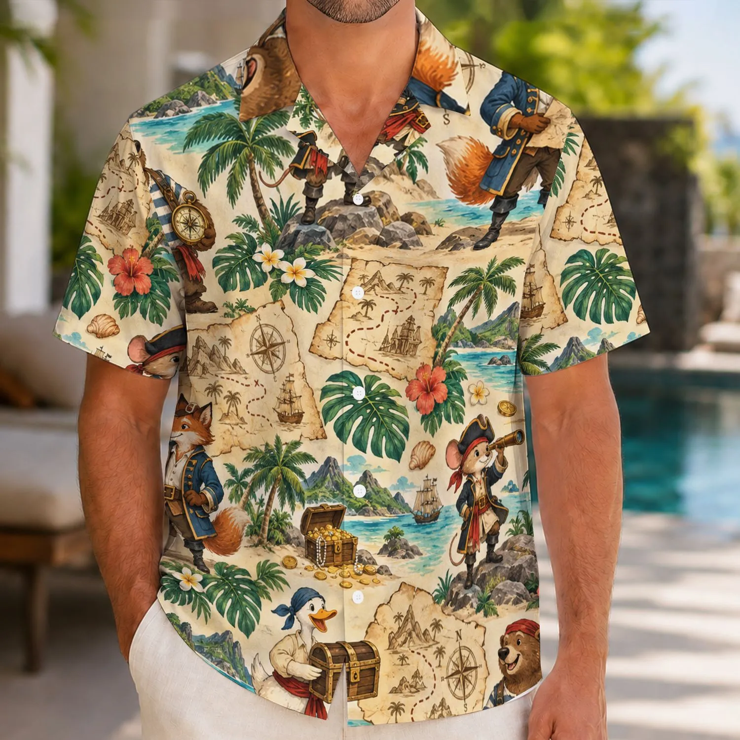 Pirate Animal Crew and Treasure Maps for Sunny Tropical Island Getaway Adventures Hawaiian Shirt - 1