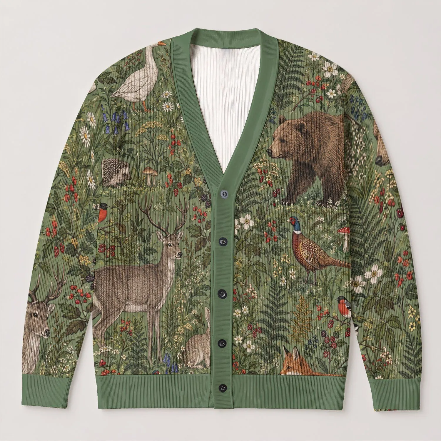 Woodland Animals and Wildflowers for Relaxed Nature Days, Forest Walks, and Gifting All-over Print Knitted Cardigan - 1