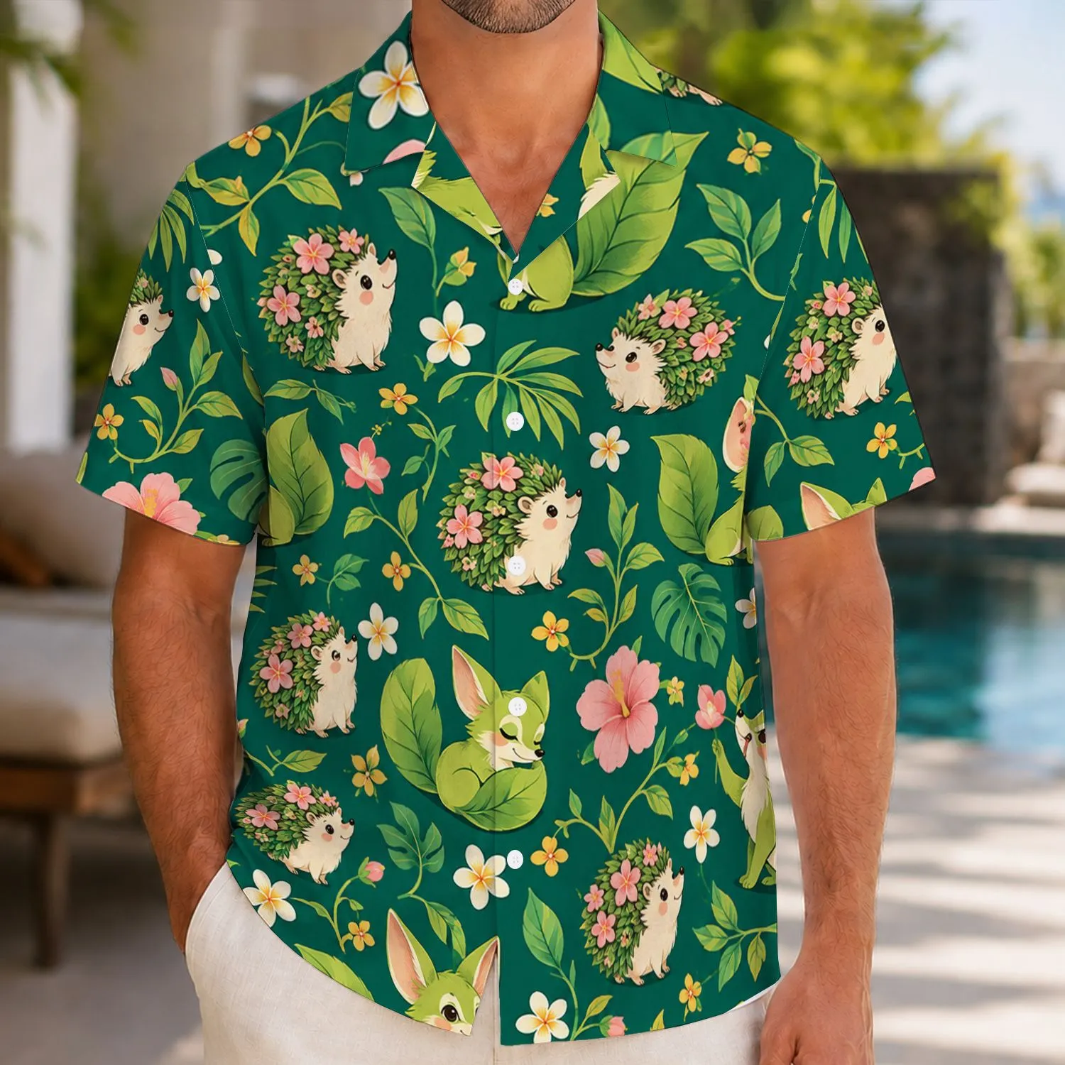Leaf-Tailed Forest Foxes and Flower Hedgehogs for Whimsical Summer Island Escapes Hawaiian Shirt - 1
