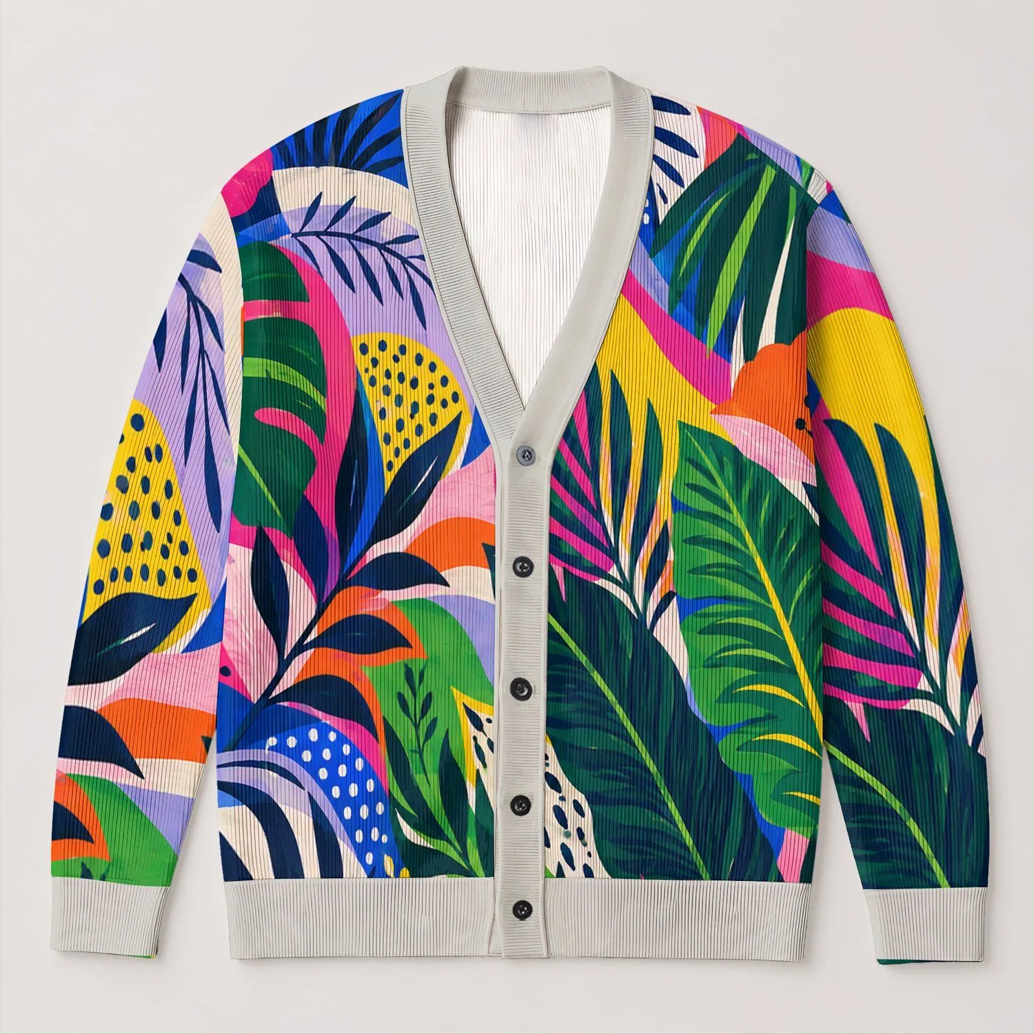 Abstract Botanical Color Blocks for Everyday Layering, Colorful Style for Modern Women All-over Print Knitted Cardigan - 1