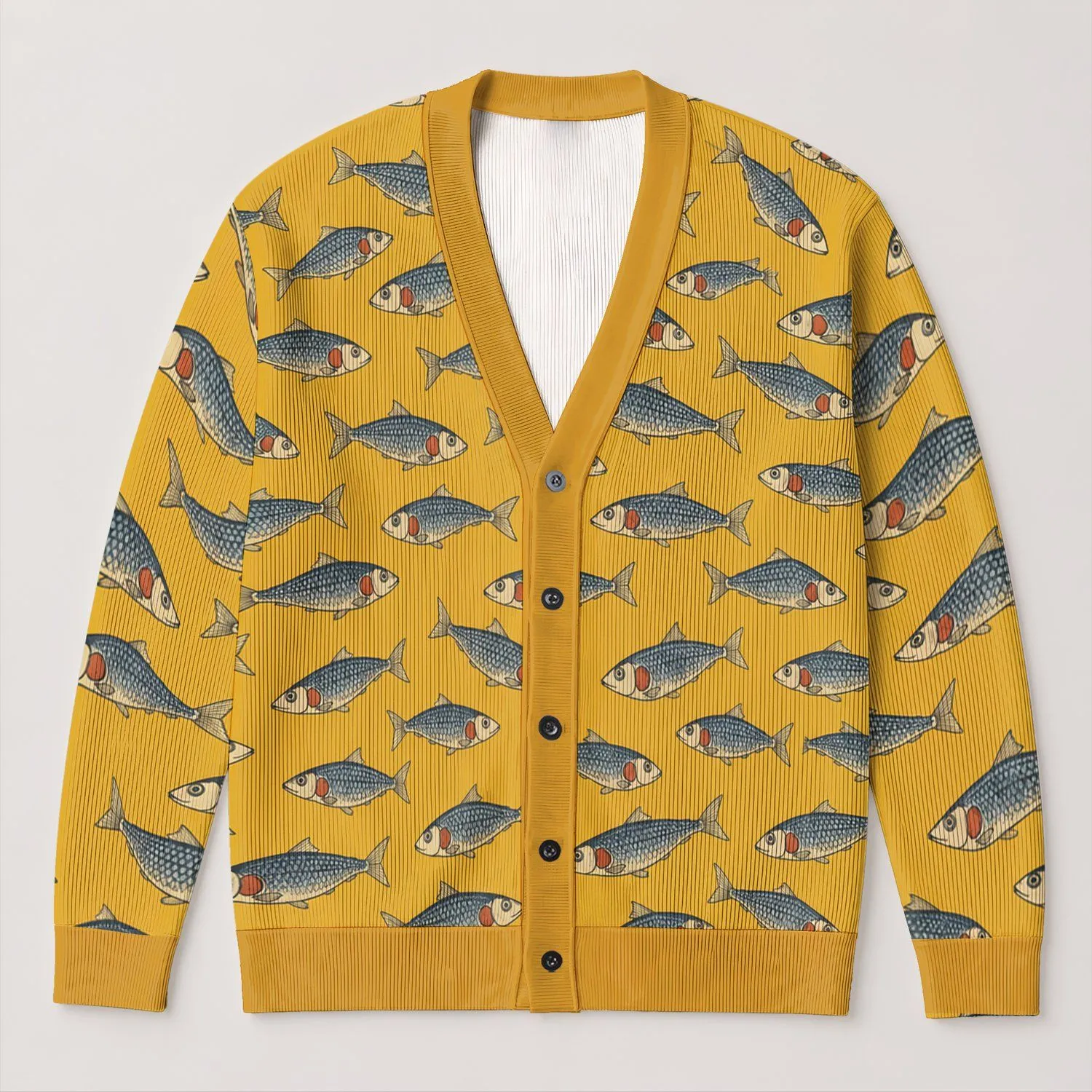 Vintage Blue Fish Motif for Relaxed Coastal Layering and Everyday Weekend Outings All-over Print Knitted Cardigan - 1