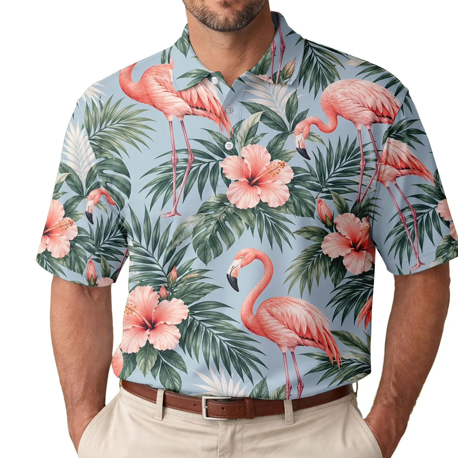 Flamingo Palm Hibiscus Tropical Resort Style for Women's Vacation Getaways and Cruises Men's Polo Shirt - 1