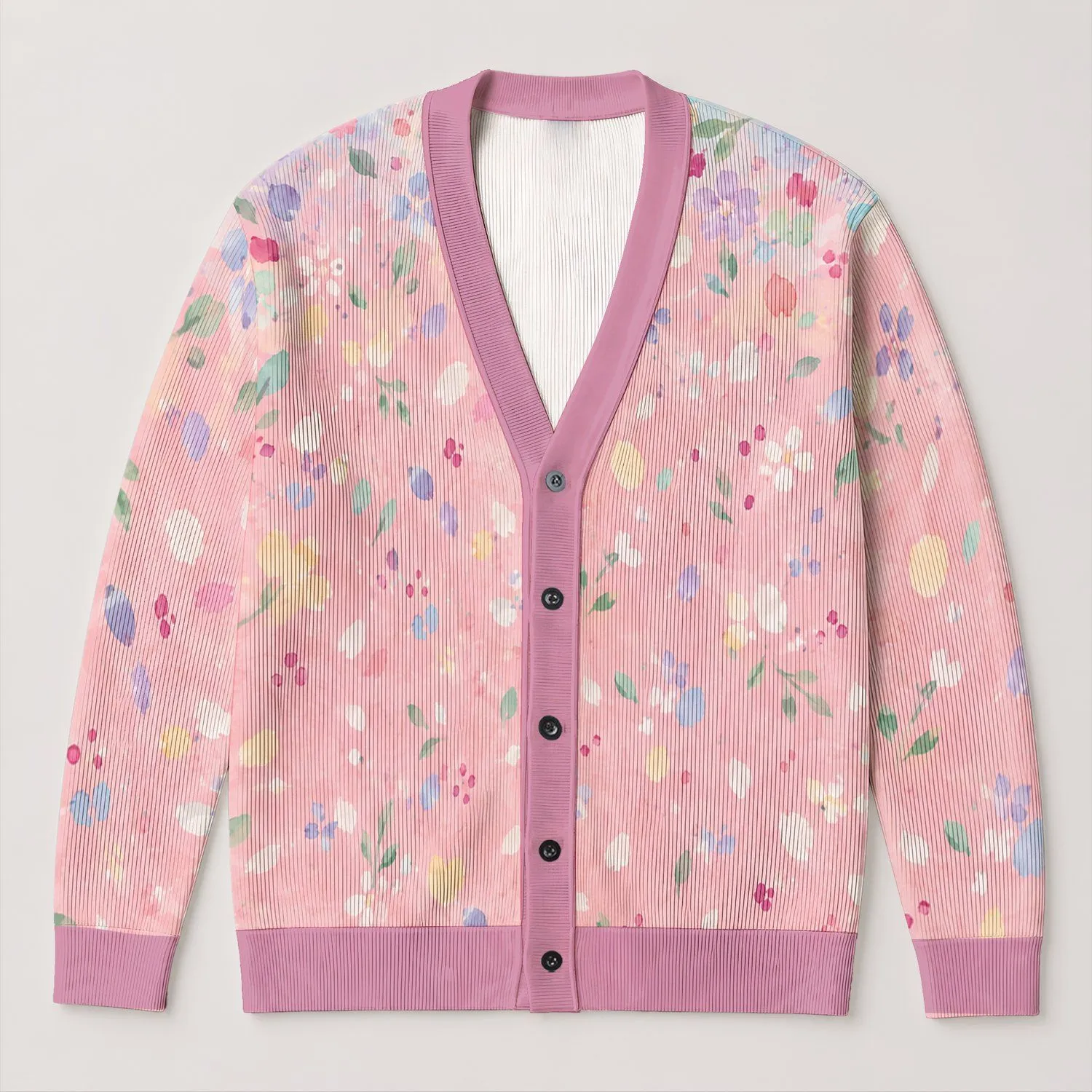 Pastel Pink Floral Confetti for Soft Spring Layering and Everyday Women's Casual Style All-over Print Knitted Cardigan - 1
