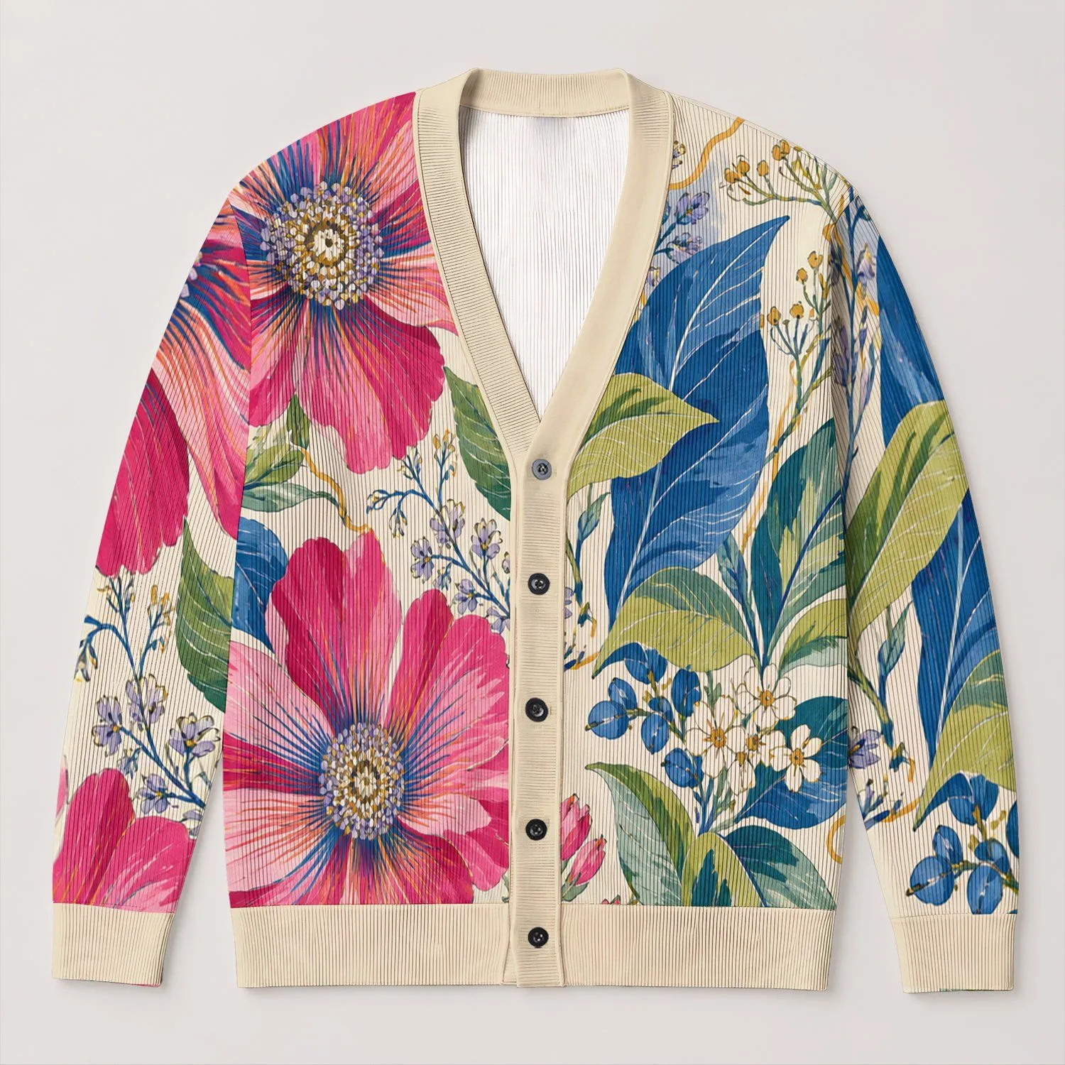 Abstract Botanical Blooms For Relaxed Autumn Layering, Colorful Women’s Everyday Style All-over Print Knitted Cardigan - 1