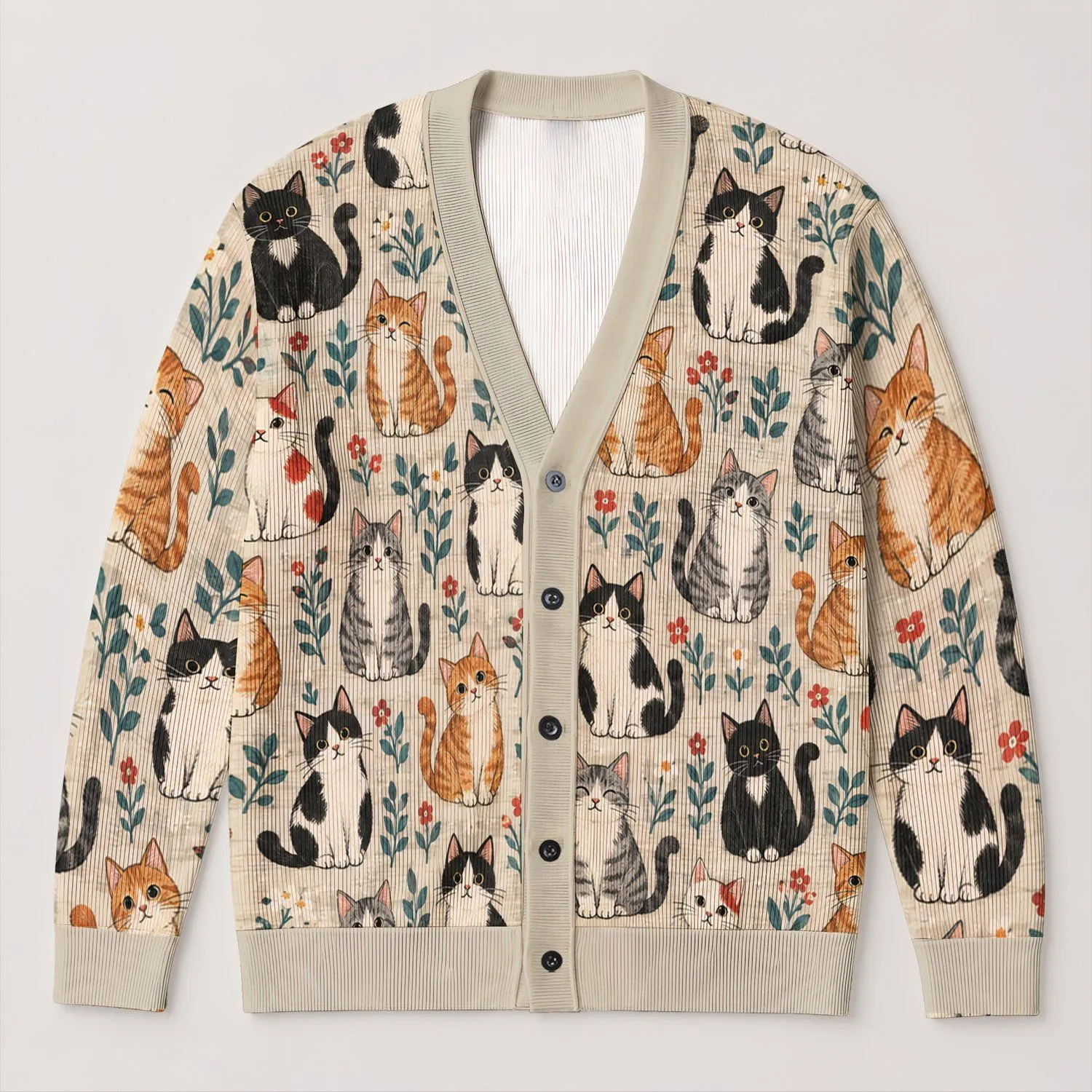 Playful Cat Motifs for Cozy Autumn Layering and Everyday Casual Style for Cat Lovers All-over Print Knitted Cardigan - 1