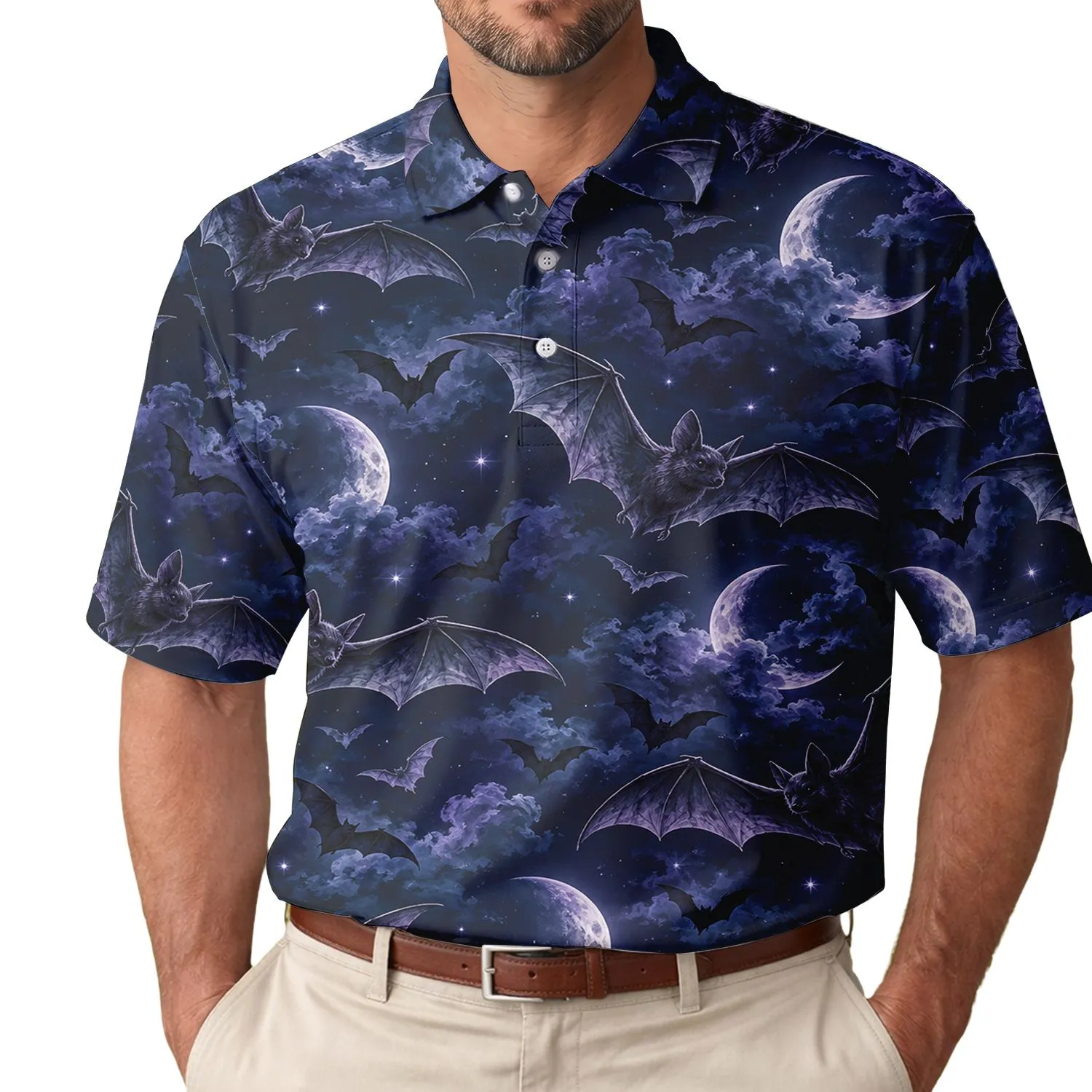 Halloween Bat Crescent Moons for Night Golf Celebrations and Spooky Autumn Golf Style Men's Polo Shirt - 1