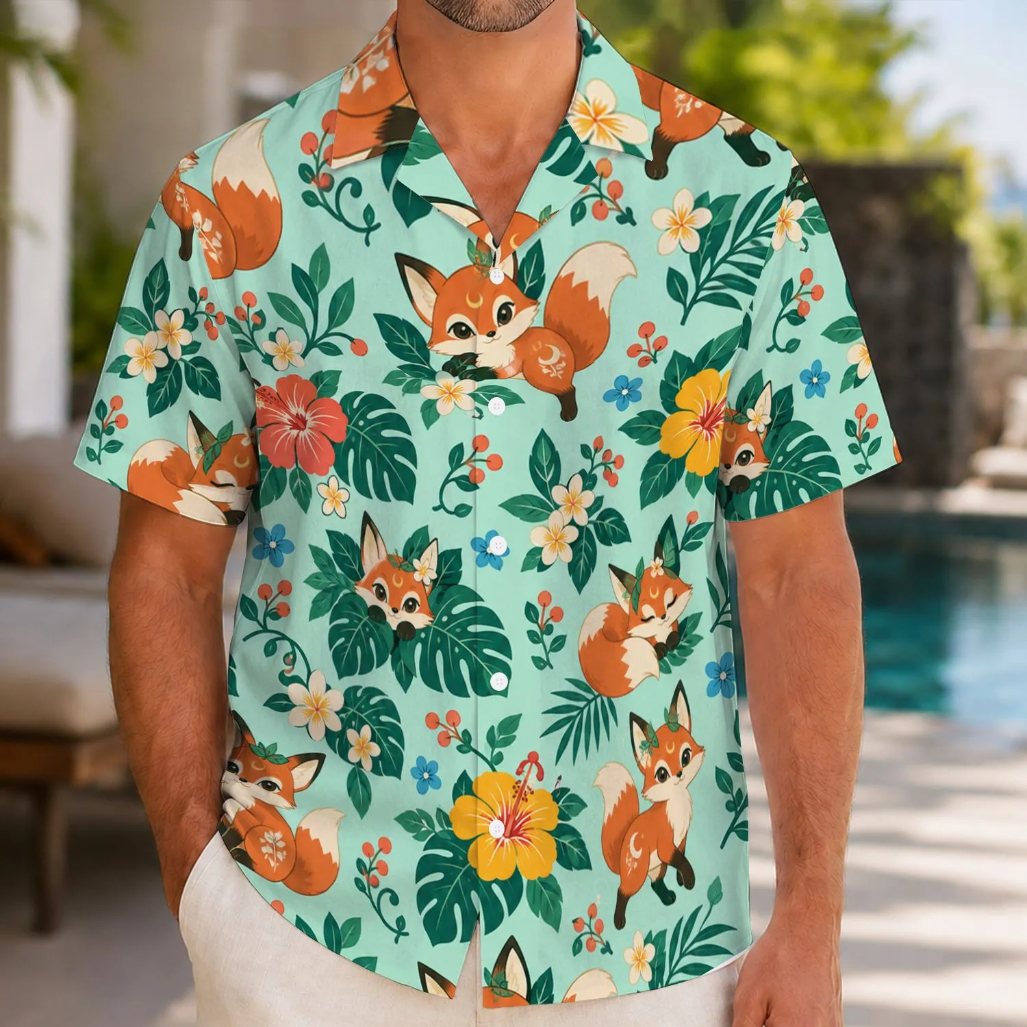Nocturnal Fox Spirits and Tropical Blooms for Relaxed Summer Island and Beach Days Hawaiian Shirt - 1