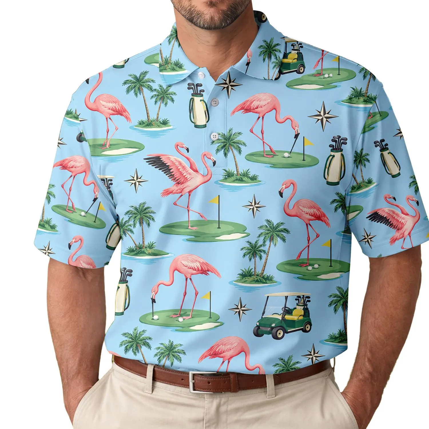 Pink Flamingo Golf Scene for Sunny Fairway Days and Resort Escapes for Women Players Men's Polo Shirt - 1