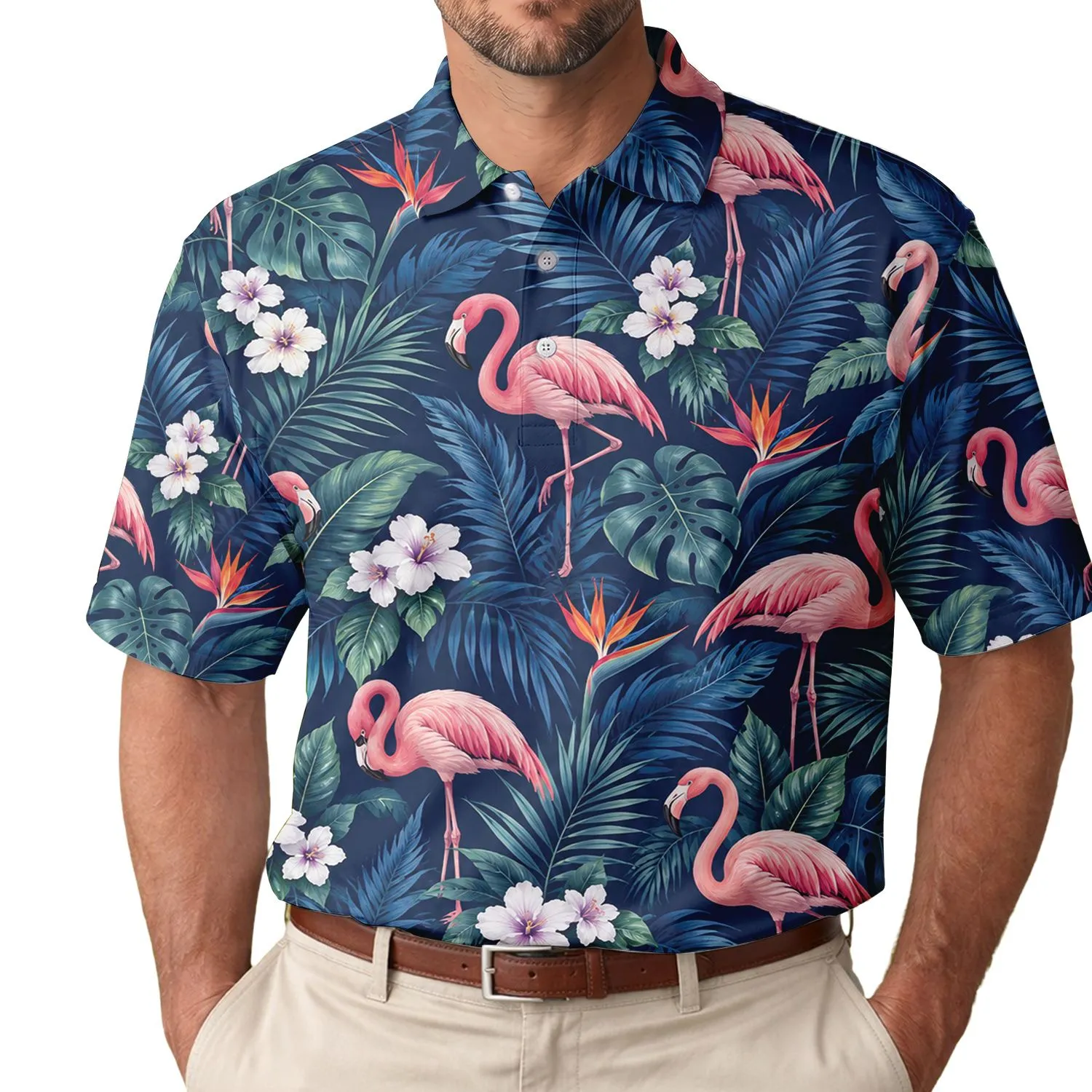 Pink Flamingo Tropical Palm Leaves For Resort Golf Style And Summer Travel Wardrobe Men's Polo Shirt - 1