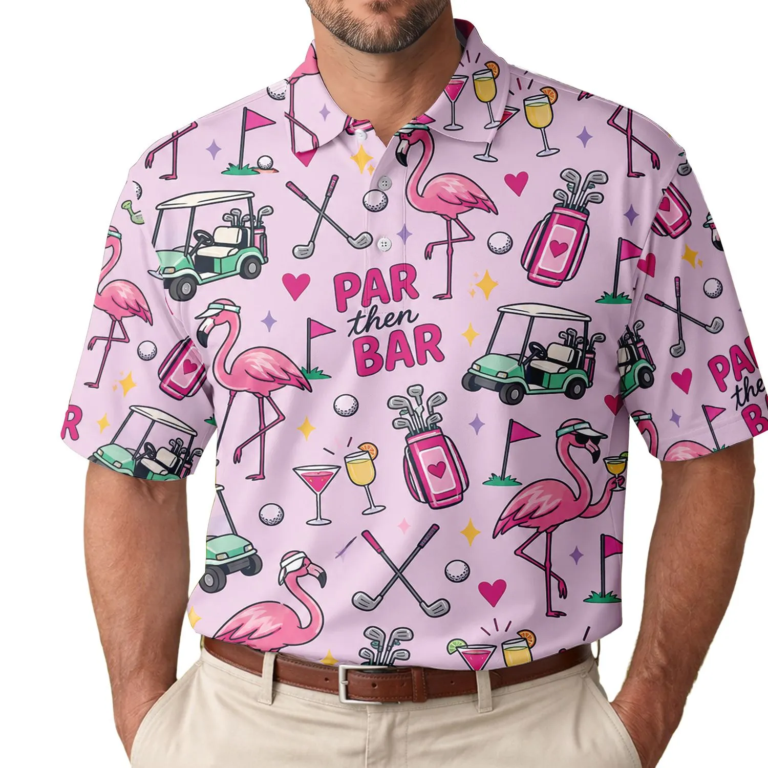 Pink Flamingo Golf And Par Then Bar Fun For Women’s Summer Golf Outings With Friends Men's Polo Shirt - 1