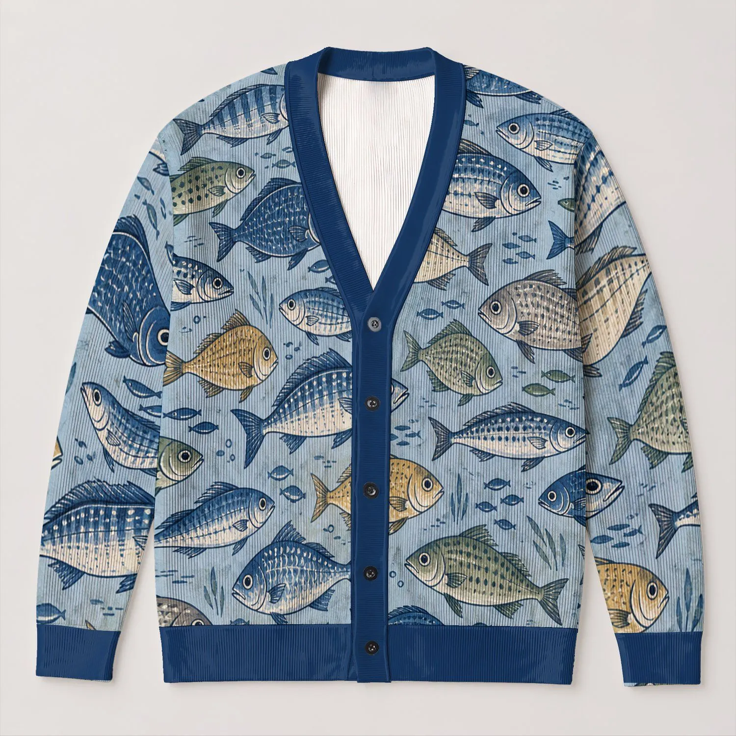 Blue Coastal Fish Motif for Relaxed Weekend Layering, Nautical Style for Ocean Lovers All-over Print Knitted Cardigan - 1