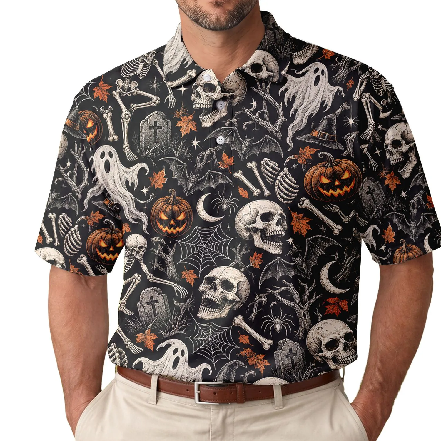 Halloween Skull Ghost Pumpkin Motif for Spooky Party Style and Costume Events for Men Men's Polo Shirt - 1