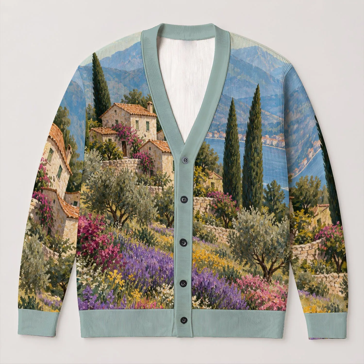 Italian Cypress Village Landscape for Relaxed Vacation Layering and Elegant Office Days All-over Print Knitted Cardigan - 1