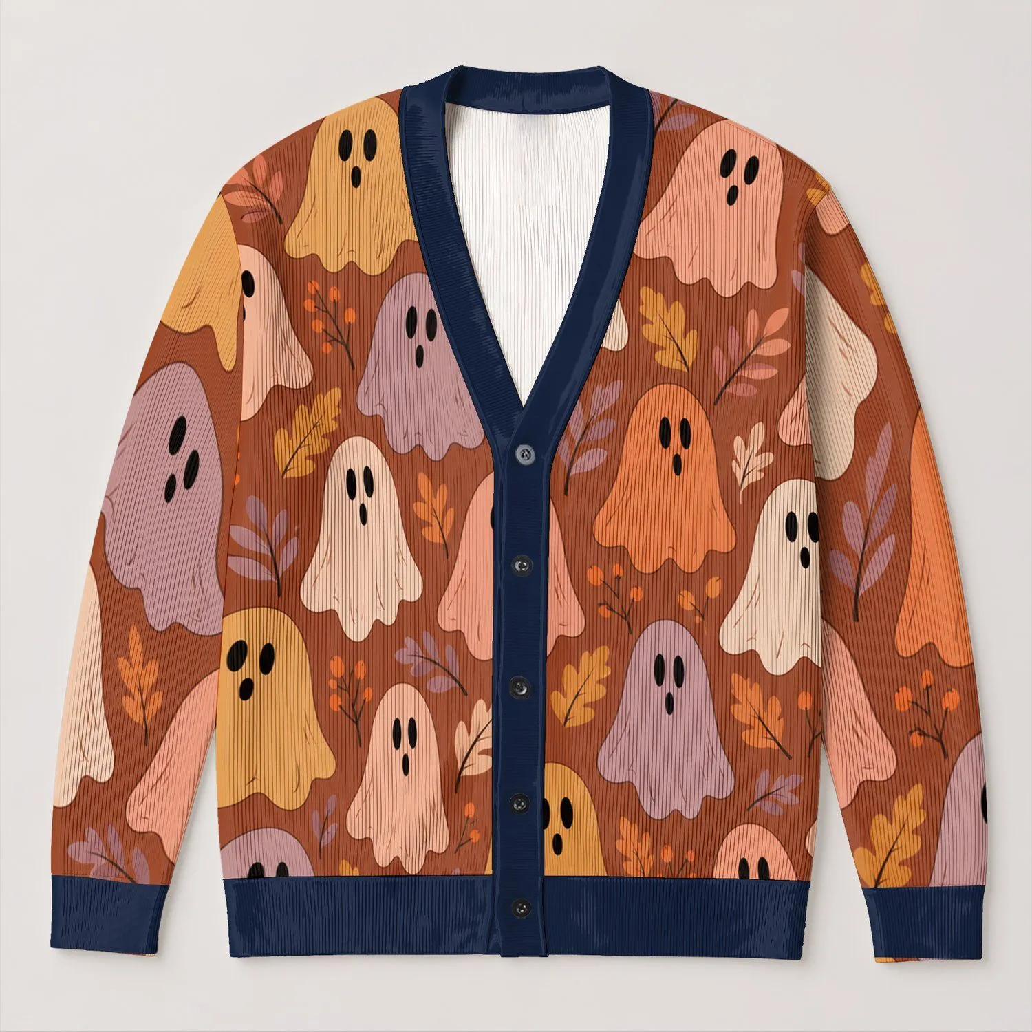 Colorful Ghost Motifs For Cozy Halloween Layering, Quirky Autumn Streetwear Style All-over Print Knitted Cardigan - 1