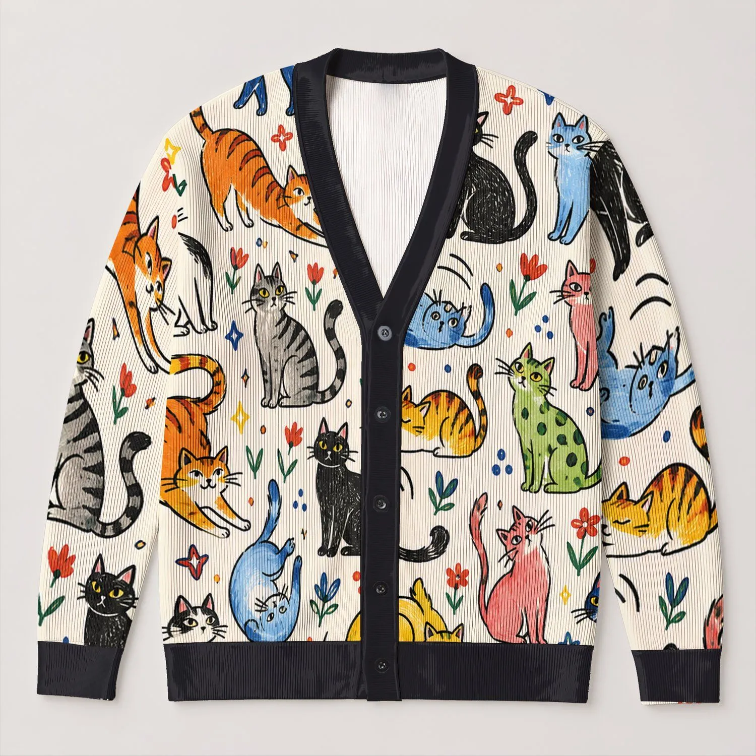 Colorful Hand-Drawn Cat Friends for Playful Autumn Layering, Whimsical Women’s Style All-over Print Knitted Cardigan - 1