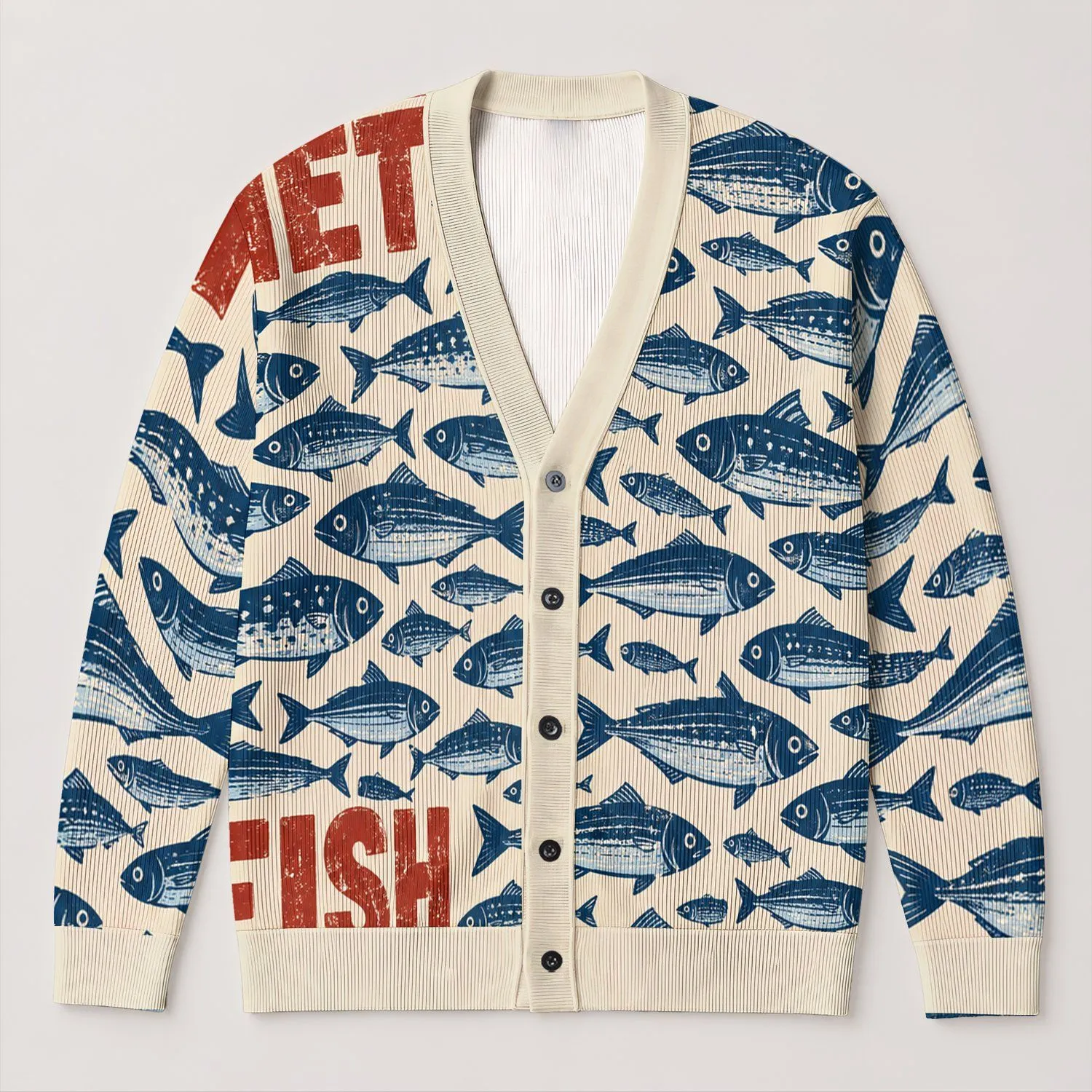 Blue Fish and Red FISH NET Motif for Relaxed Coastal Layering and Weekend Wear All-over Print Knitted Cardigan - 1