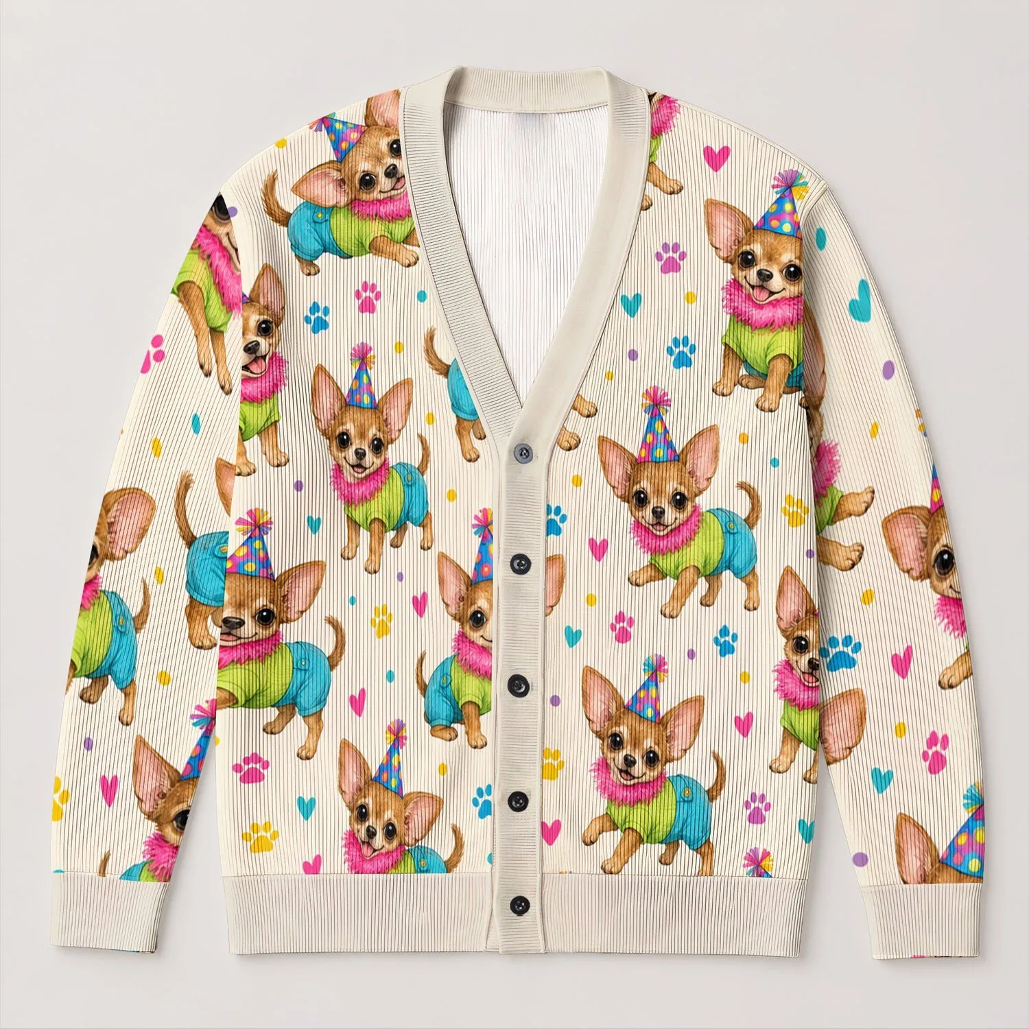 Playful Chihuahua Pups for Cozy Autumn Layering and Cheerful Weekend Outfits for Women All-over Print Knitted Cardigan - 1