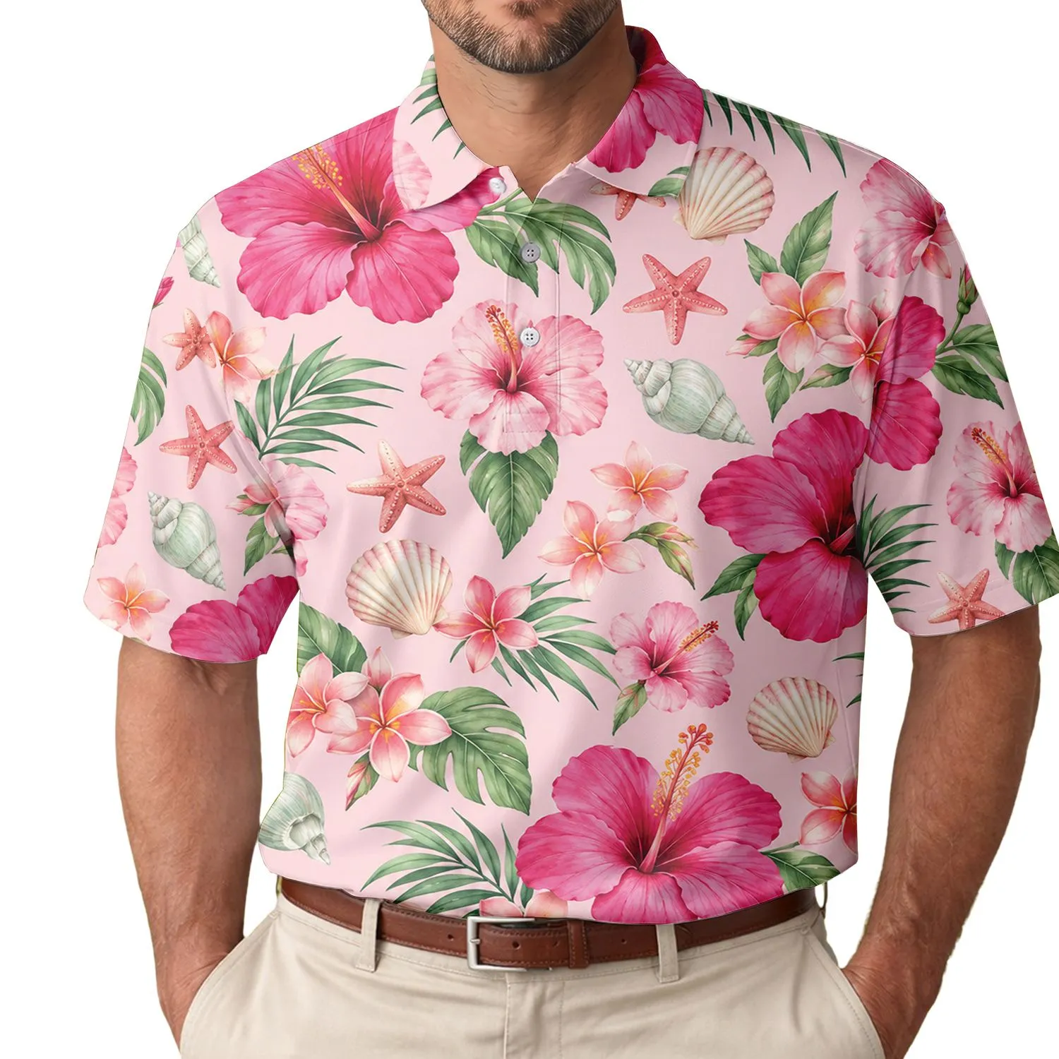 Pink Hibiscus Shells And Starfish For Tropical Golf Days And Resort Weekends Outdoors Men's Polo Shirt - 1