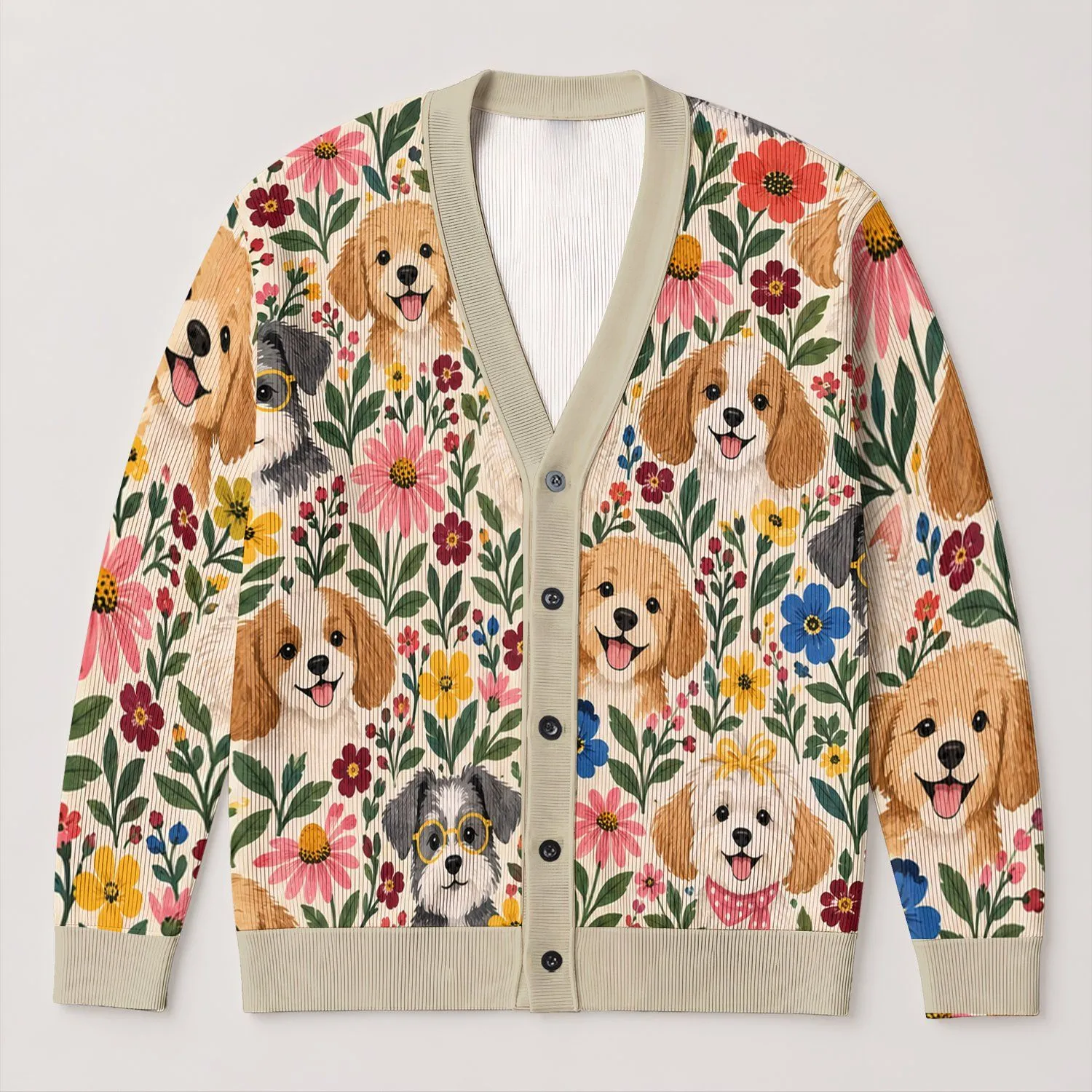 Cute Puppy Floral Style for Everyday Outings and Photoshoots, Women’s Casual Layering All-over Print Knitted Cardigan - 1