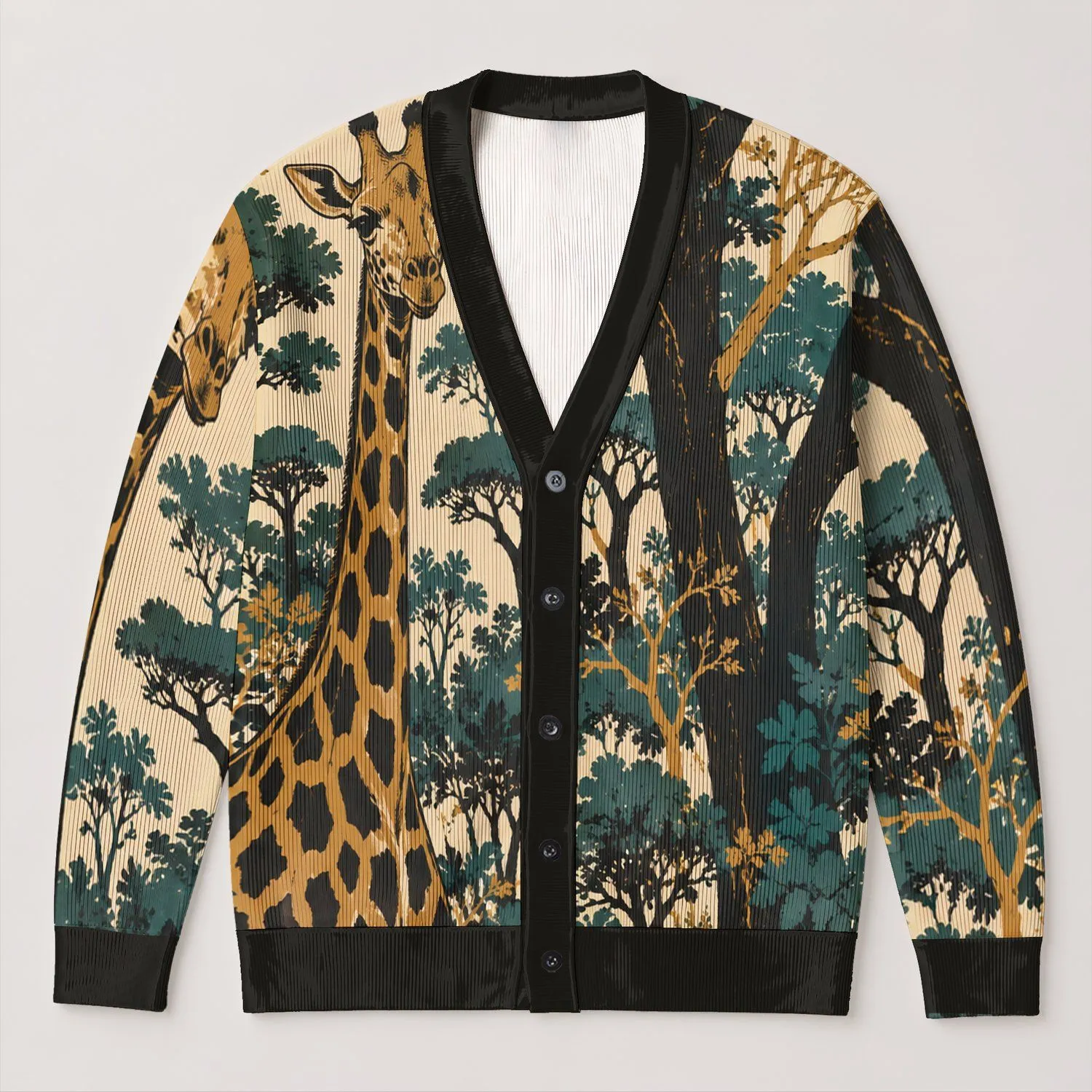 Forest Giraffe Woodland Scene for Everyday Layering and Casual Weekend Outing Style All-over Print Knitted Cardigan - 1