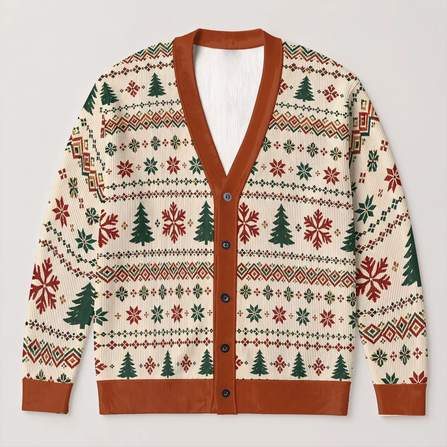 Nordic Snowflake And Pine Tree Motifs For Cozy Holiday Layering And Winter Weekends All-over Print Knitted Cardigan - 1