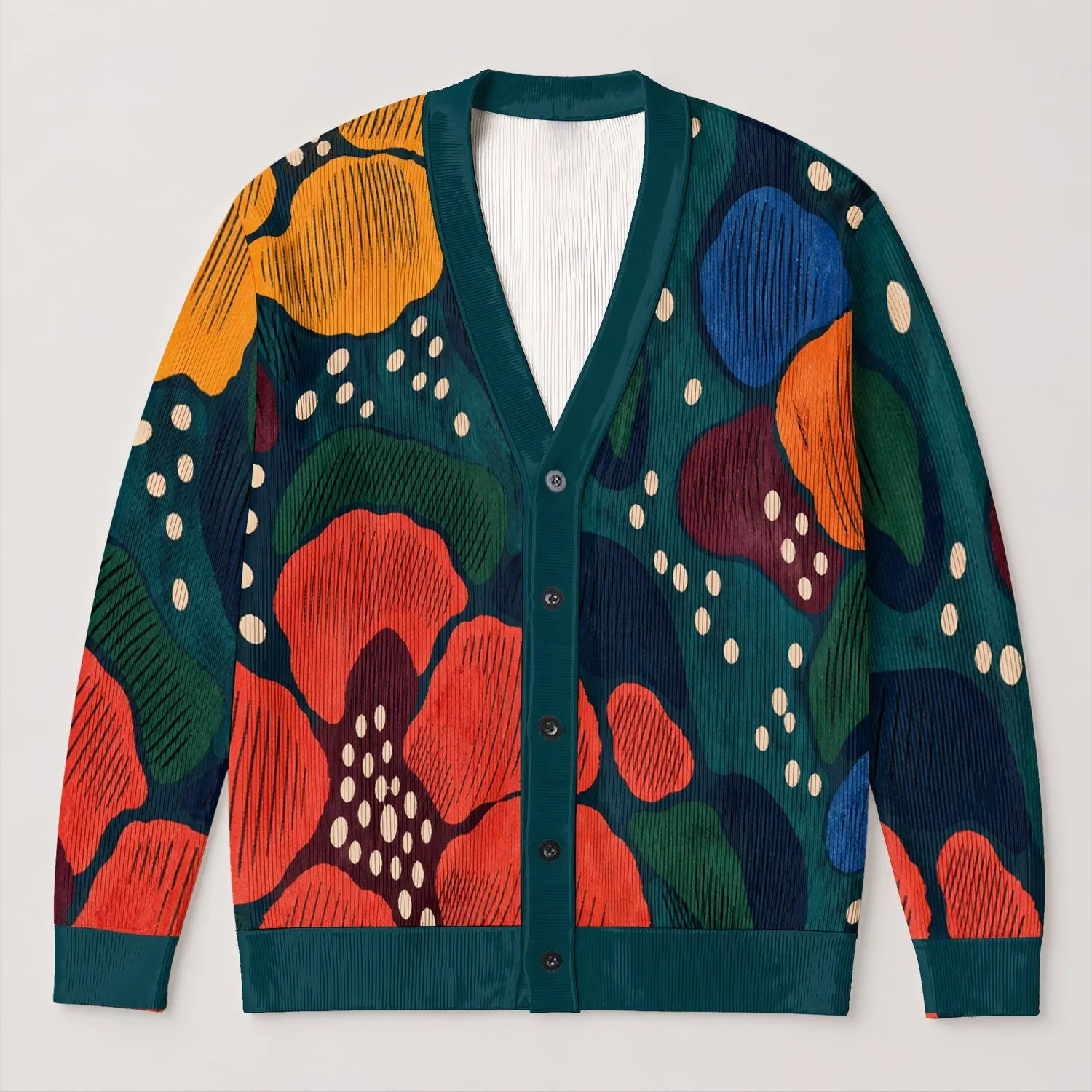 Teal Abstract Floral Color Blocks for Autumn Layering and Everyday Women's Casual Wear All-over Print Knitted Cardigan - 1