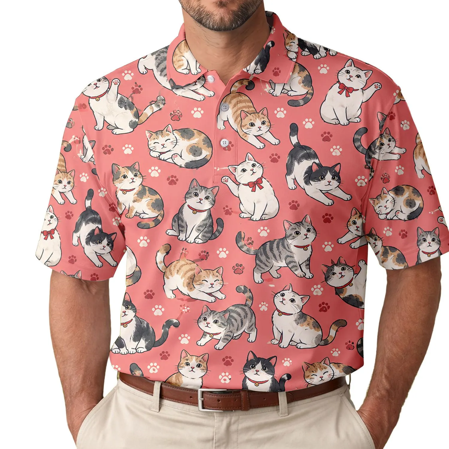 Coral Cat Motifs for Golf Days and Playful Weekend Outings, Animal Lovers and Cat Fans Men's Polo Shirt - 1