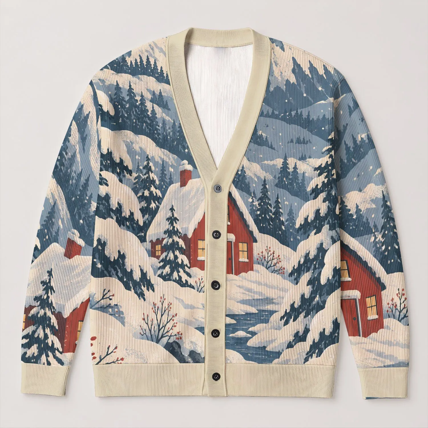Snowy Cabin Christmas Scene With Pine Trees For Holiday Layering And Festive Gatherings All-over Print Knitted Cardigan - 1