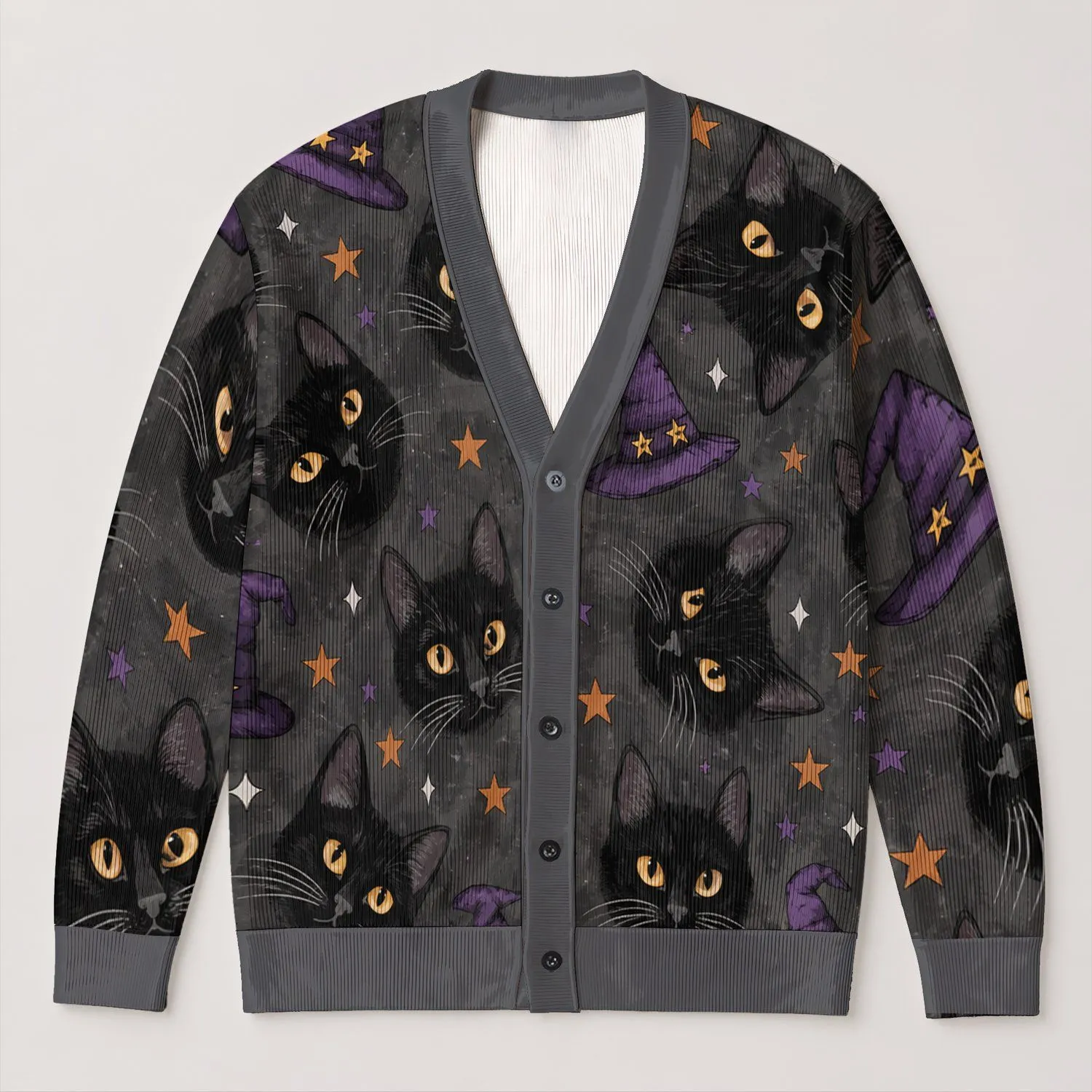 Black Cat Witch Hat Motifs For Cozy Autumn Layering And Halloween Gatherings, Women All-over Print Knitted Cardigan - 1