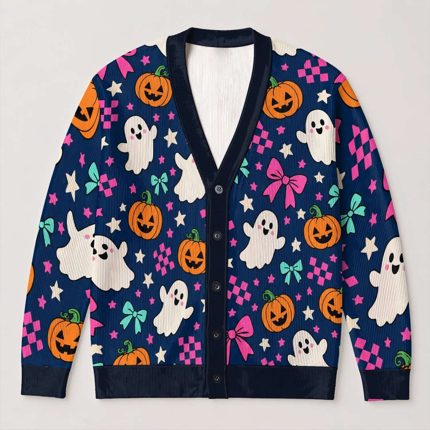 Ghost Pumpkin Halloween Style for Women, Cute Autumn Party and Everyday Layering Look All-over Print Knitted Cardigan - 1