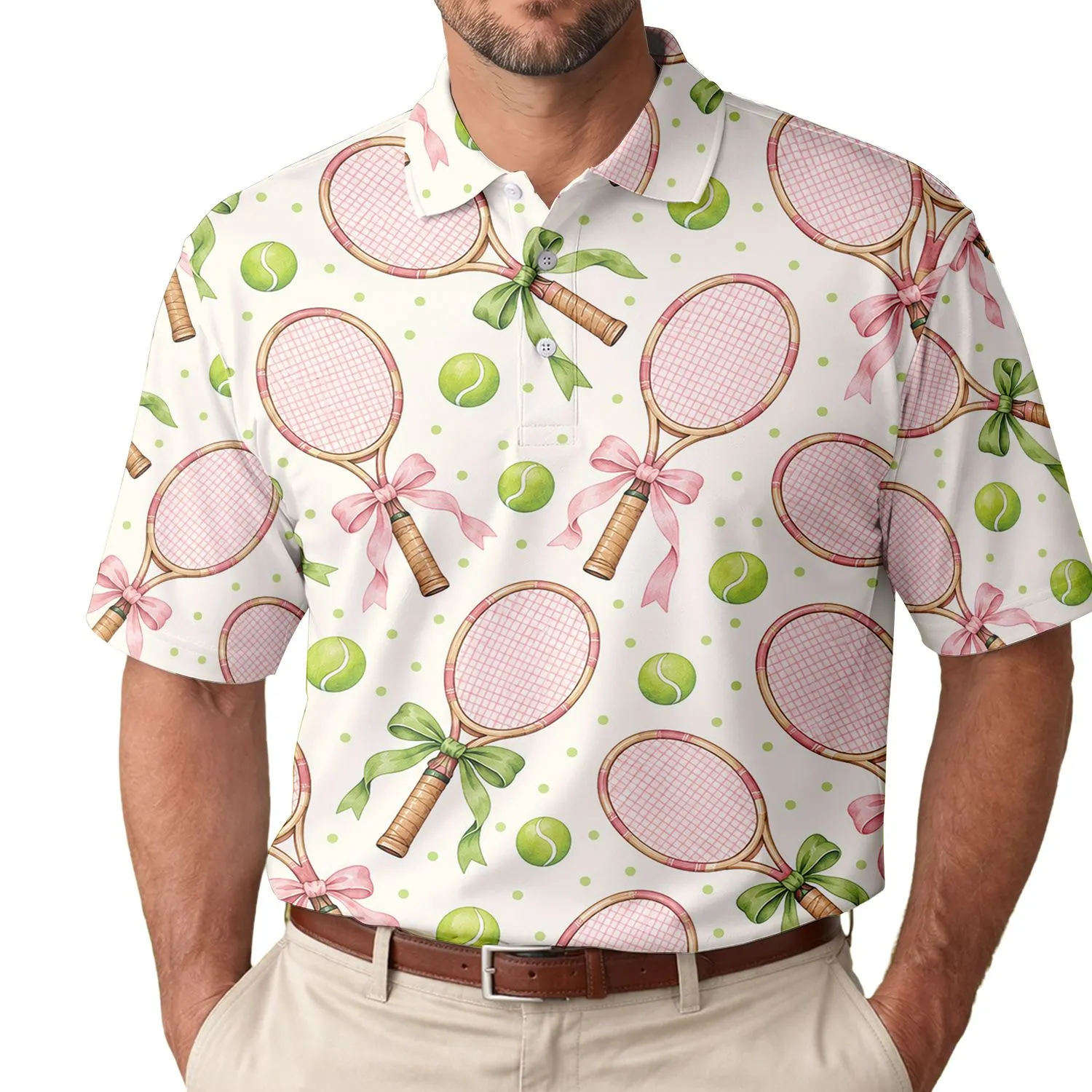 Tennis Racket Bows and Green Balls for Country Club Summer Matches and Resort Style Men's Polo Shirt - 1