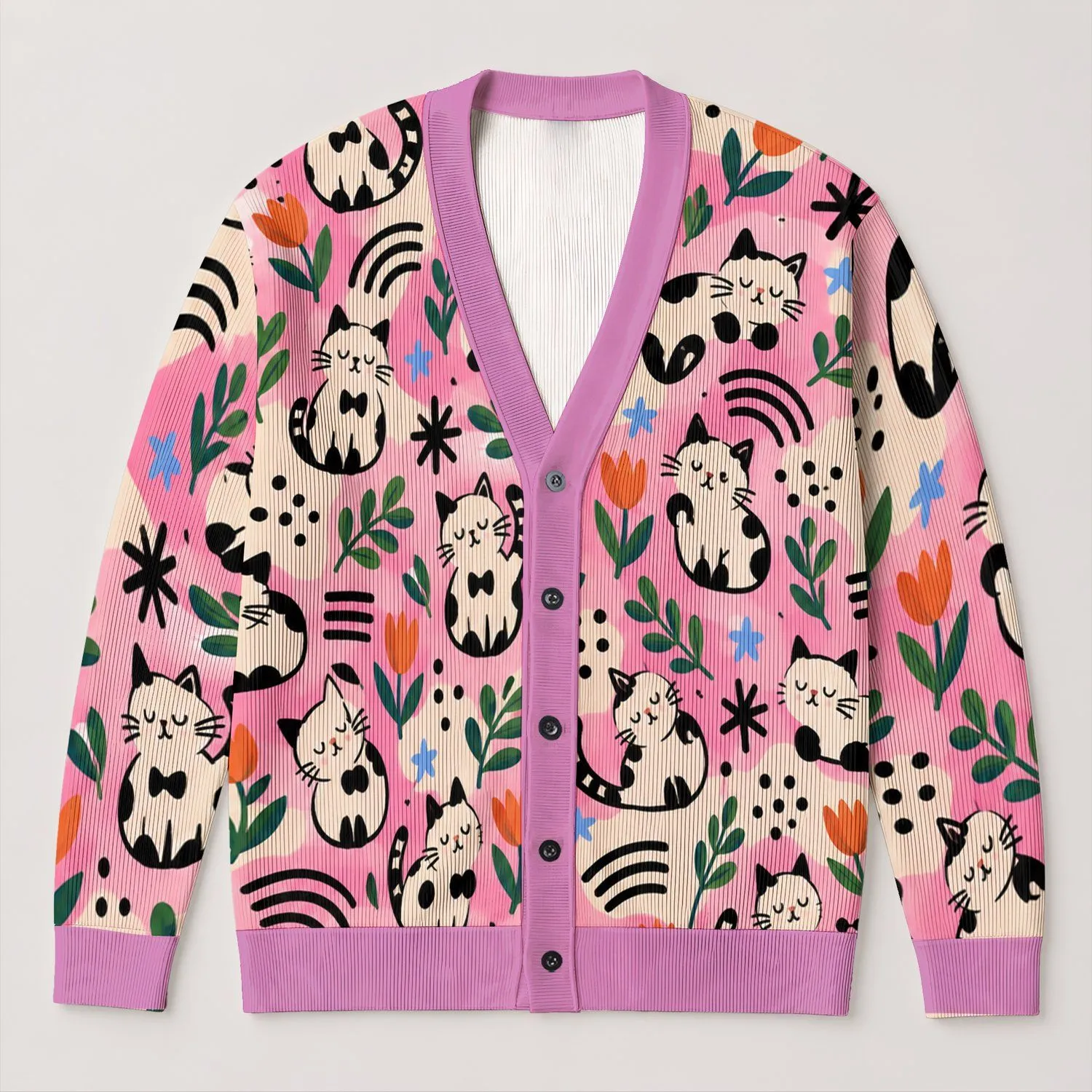 Whimsical Pink Cat Motifs for Playful Everyday Layering and Youthful Weekend Style All-over Print Knitted Cardigan - 1