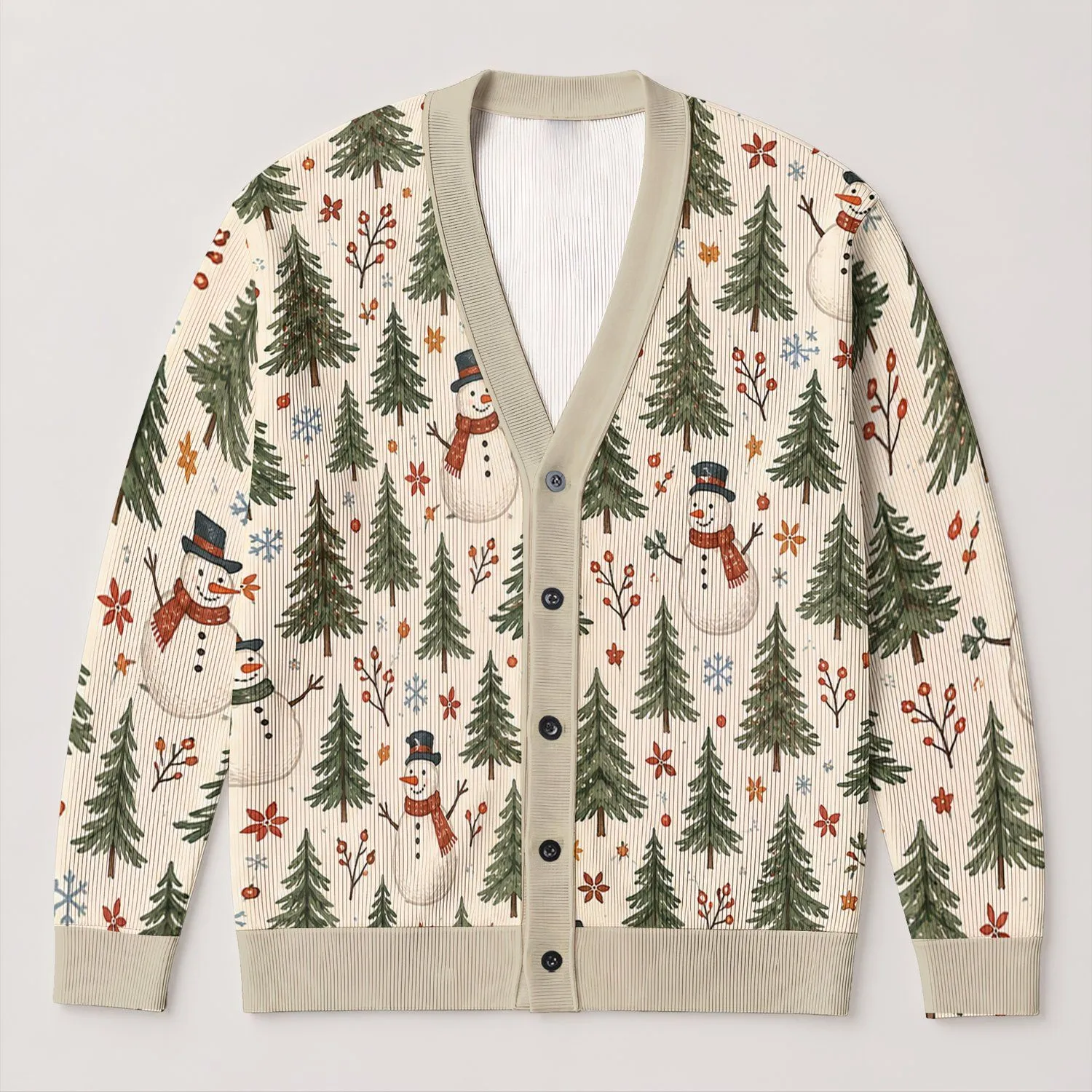 Snowman Evergreen Winter Scene for Cozy Holiday Layering, Women’s Autumn Wardrobe All-over Print Knitted Cardigan - 1