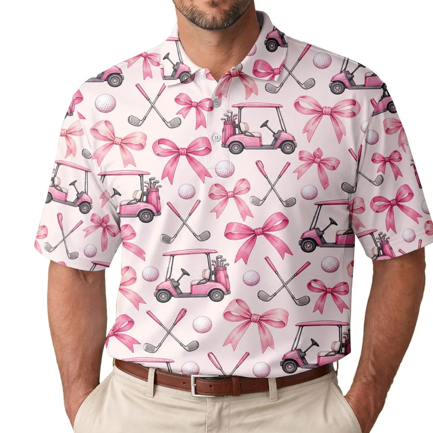 Pink Bow Golf Cart Motifs for Summer Country Club Style and Women’s Golf Outings Men's Polo Shirt - 1
